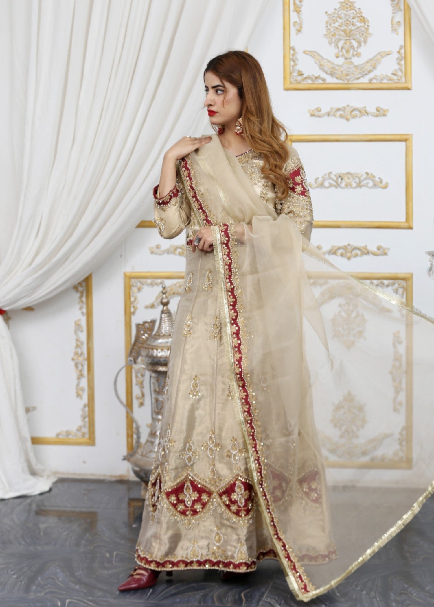 khaddi net shabnam zari Maxi in Beige