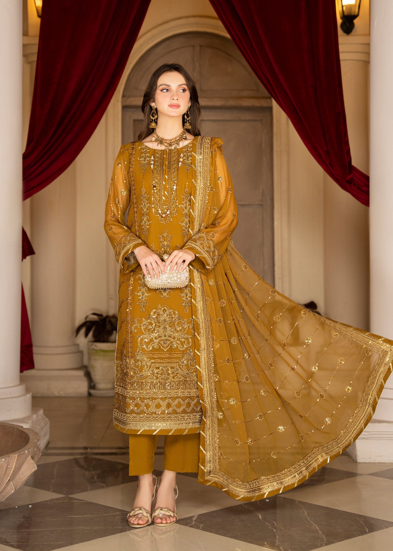 chiffon Kurta Set in Mustard