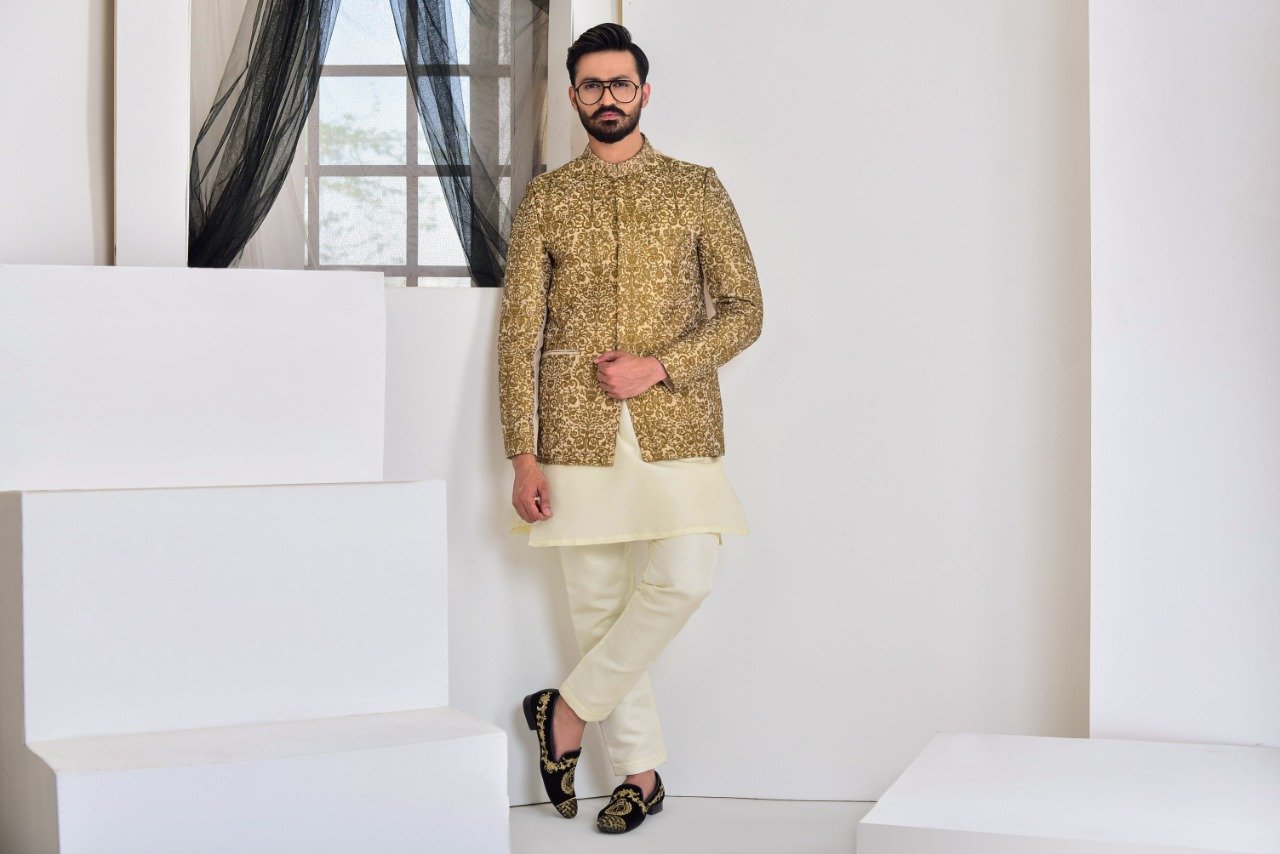 banarsi silk Prince Coat in Gold