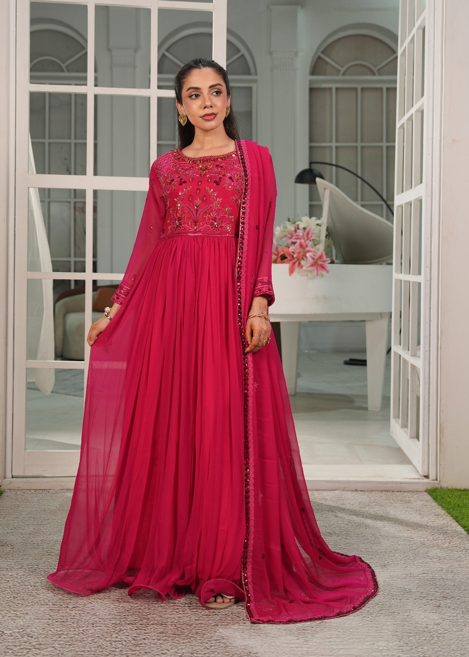 crinkle chiffon Maxi in Deep pink