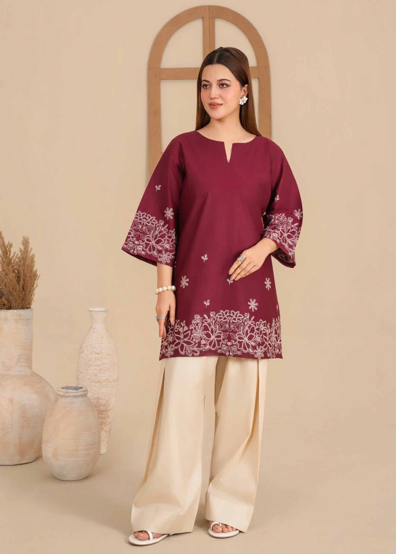 lawn Kurta Set in Beige, burgundy