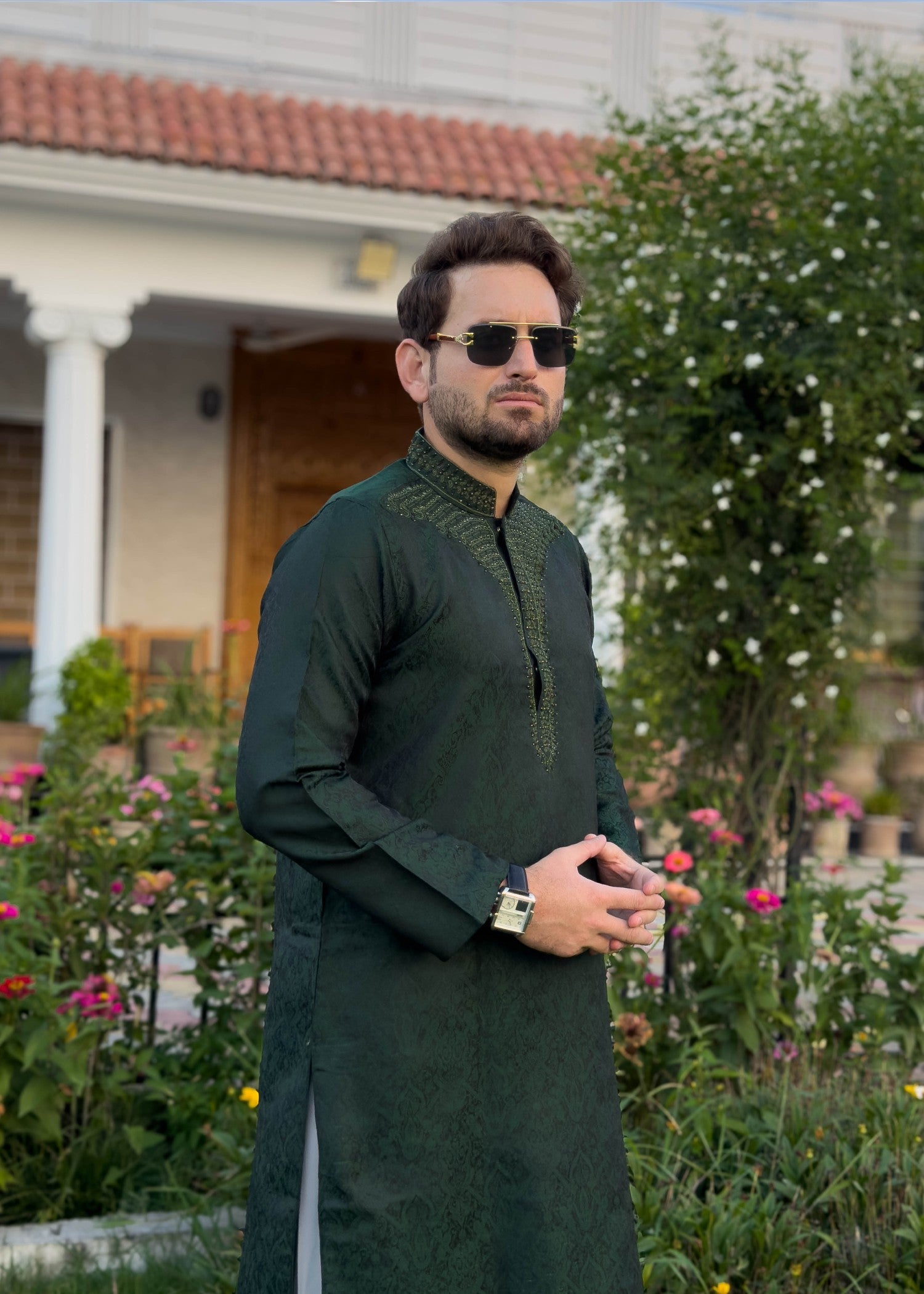 traditional jamawar Kurta in Dark green