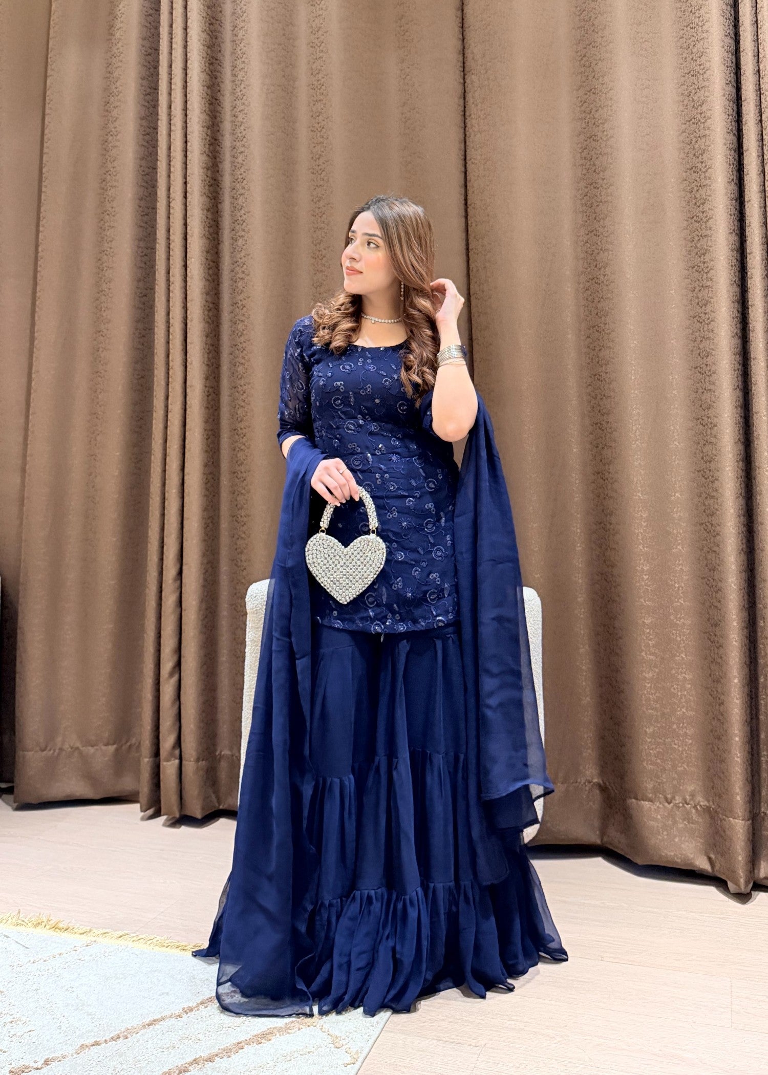 bemberg crinkle chiffon Gharara in Navy blue