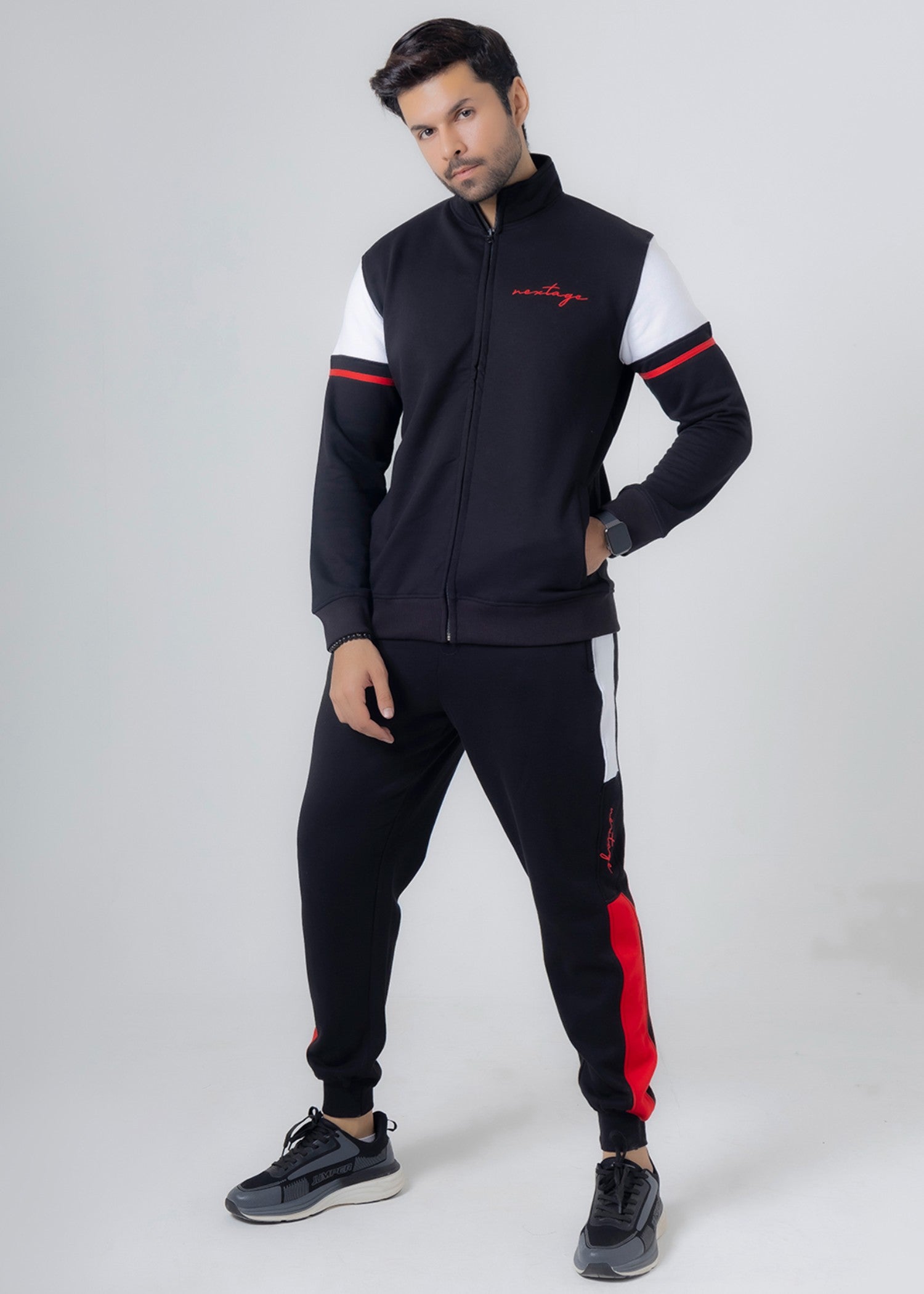 fleece Tracksuit in Black, red, white