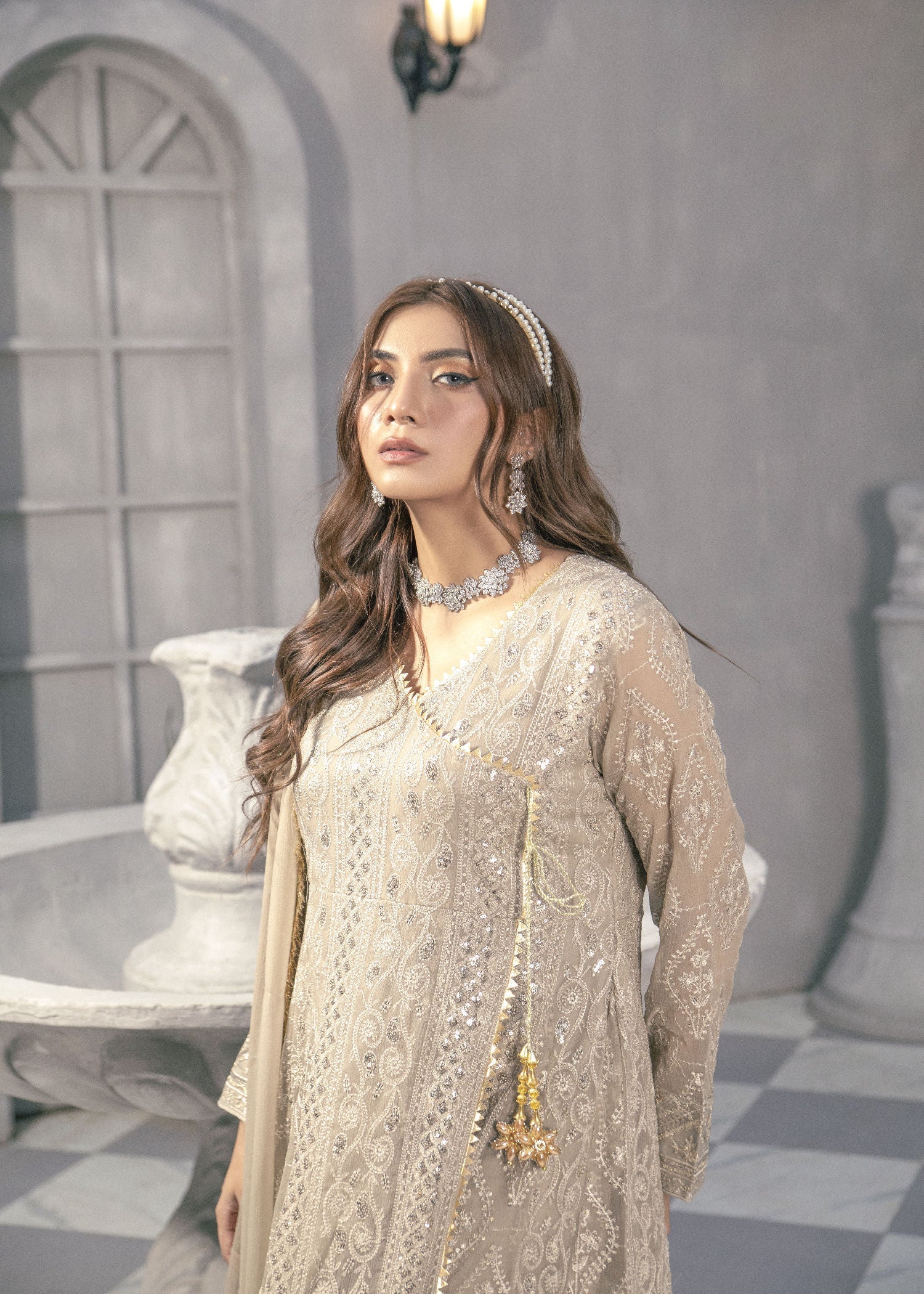 chiffon Angrakha in Beige