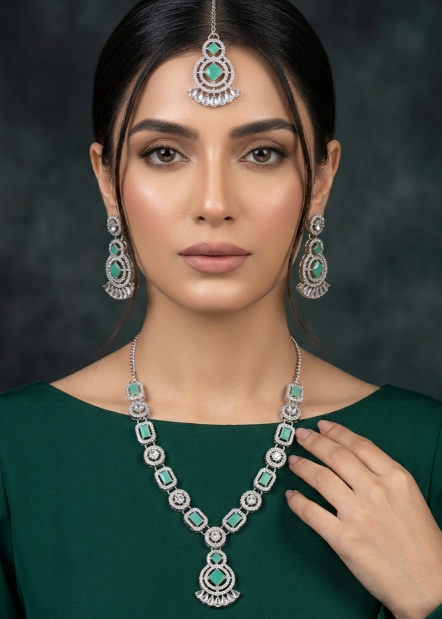 Jewelry Set in Silver, mint green Color by - Trendy Women Jewelry Set ISJ2772