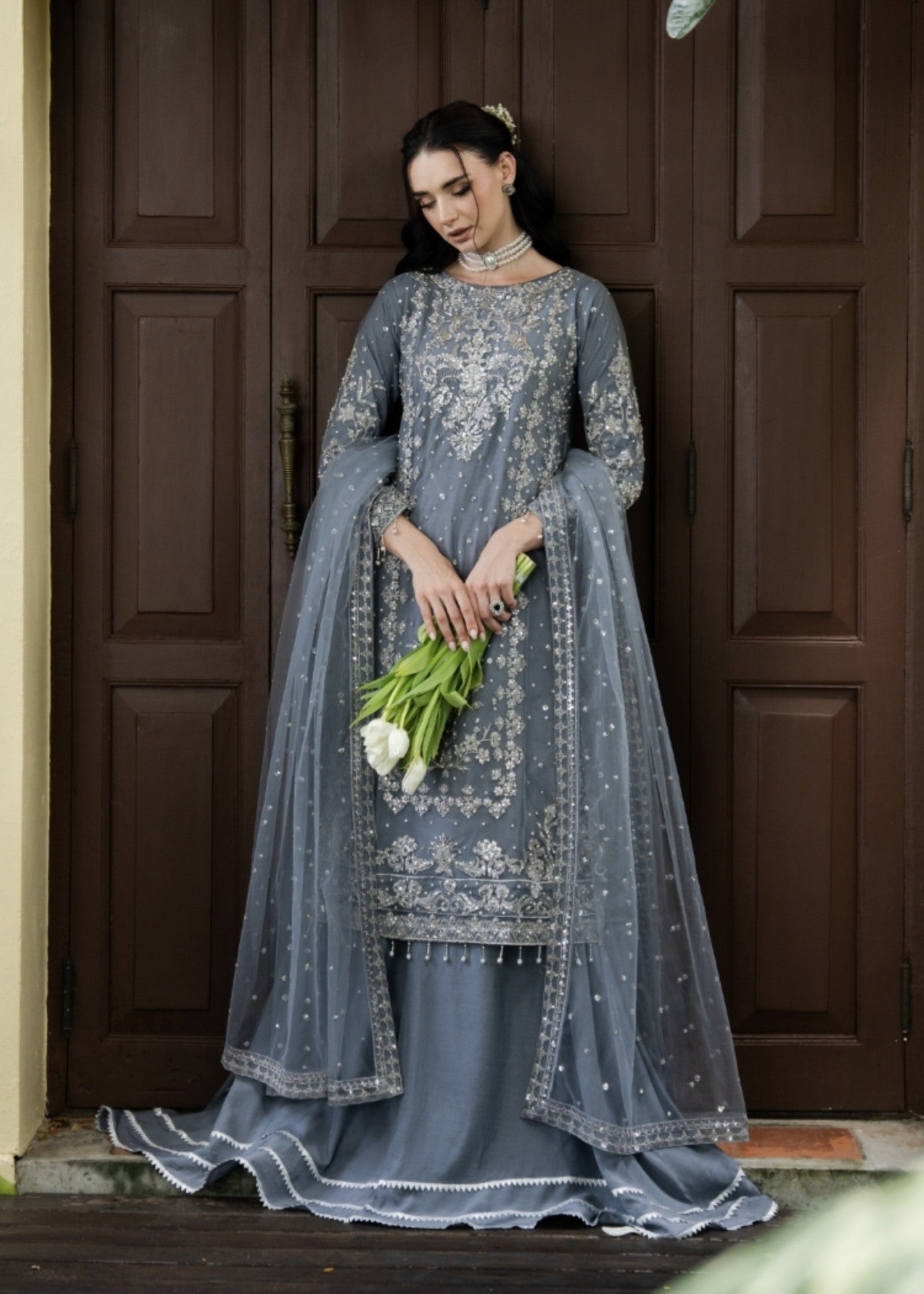 net Lehenga in Slate grey