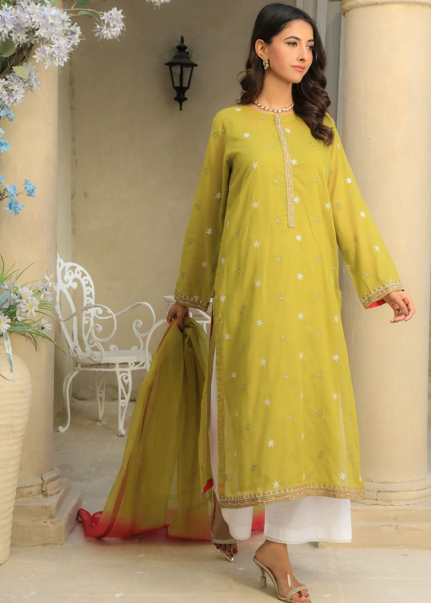 voile Kurta Set in Lime green