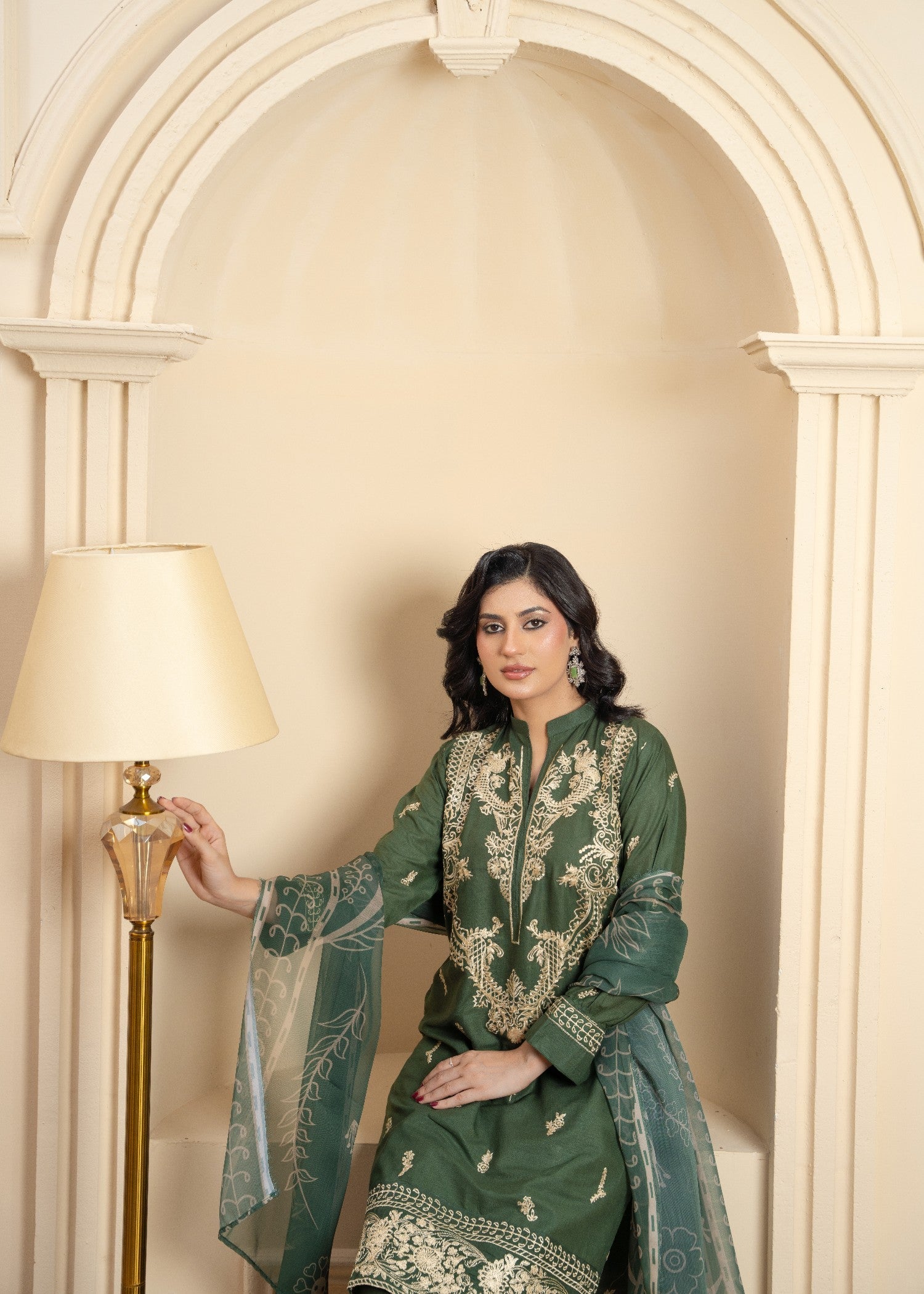 cambric Kurta Set in Olive green