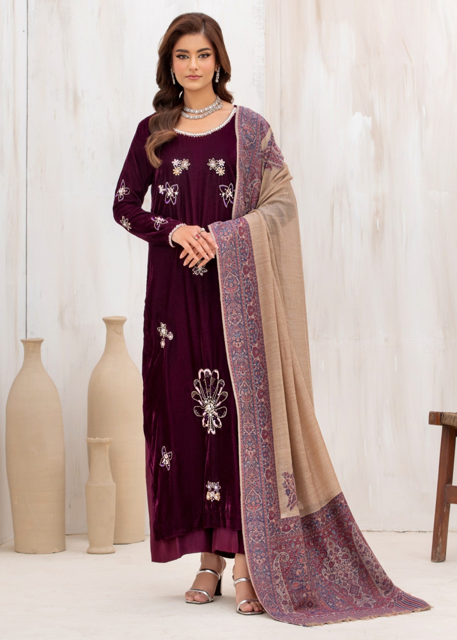 korean raw silk Kurta Set in Deep purple