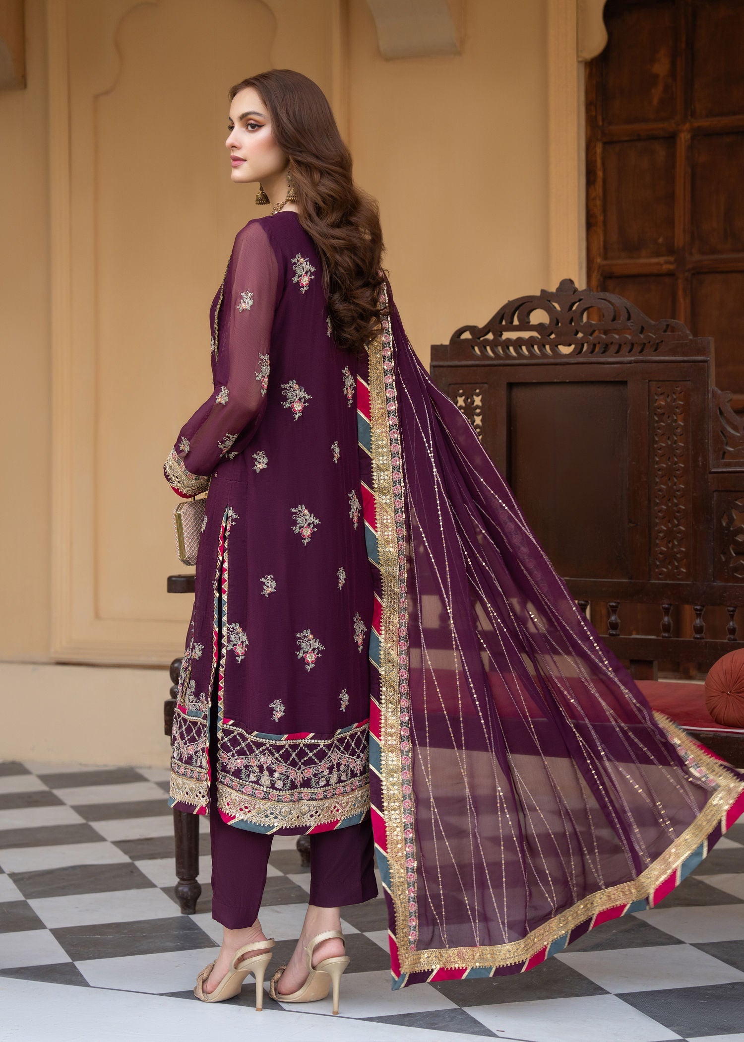 chiffon Kurta Set in Plum