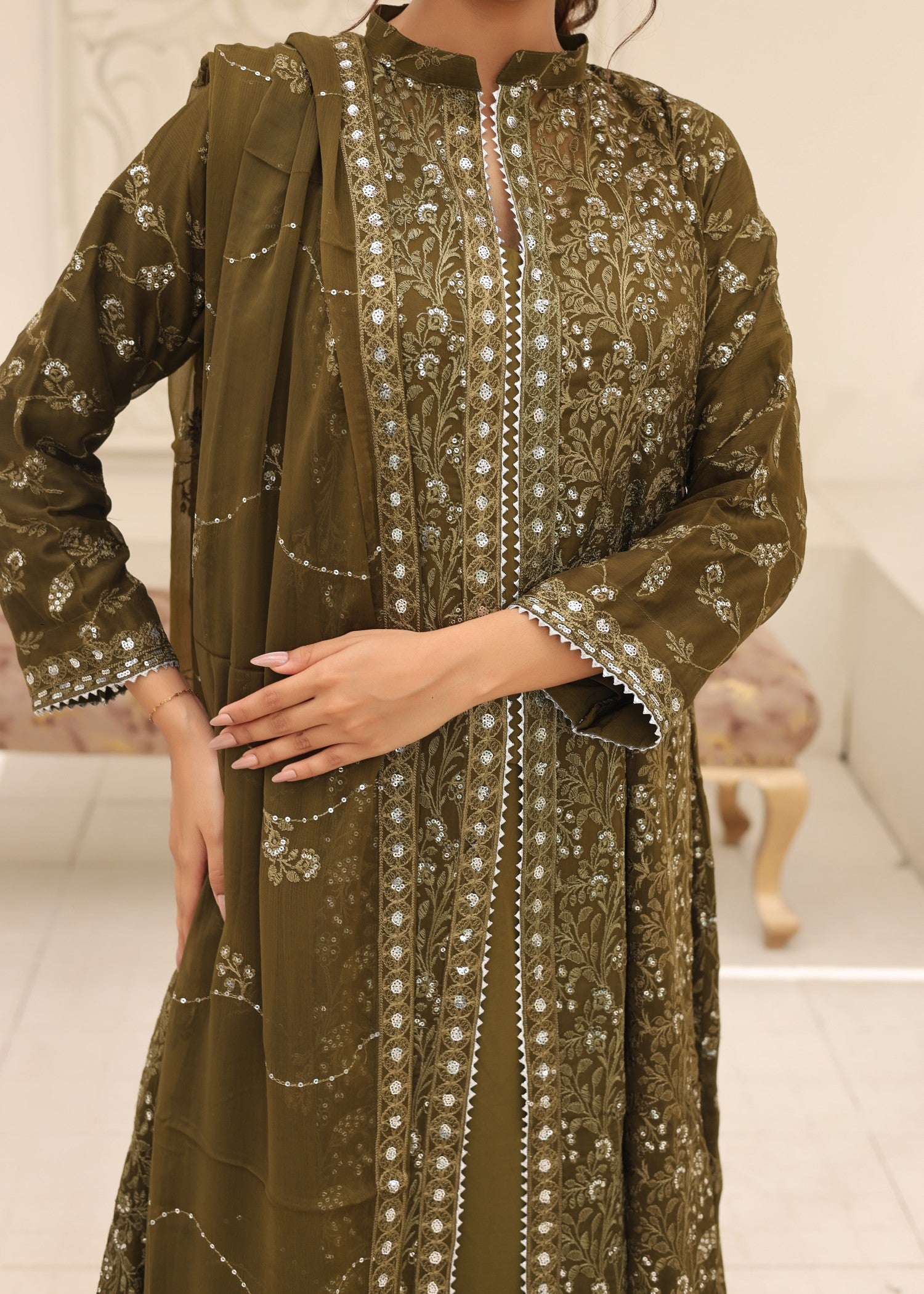 bemberg crinkle chiffon Maxi in Olive green