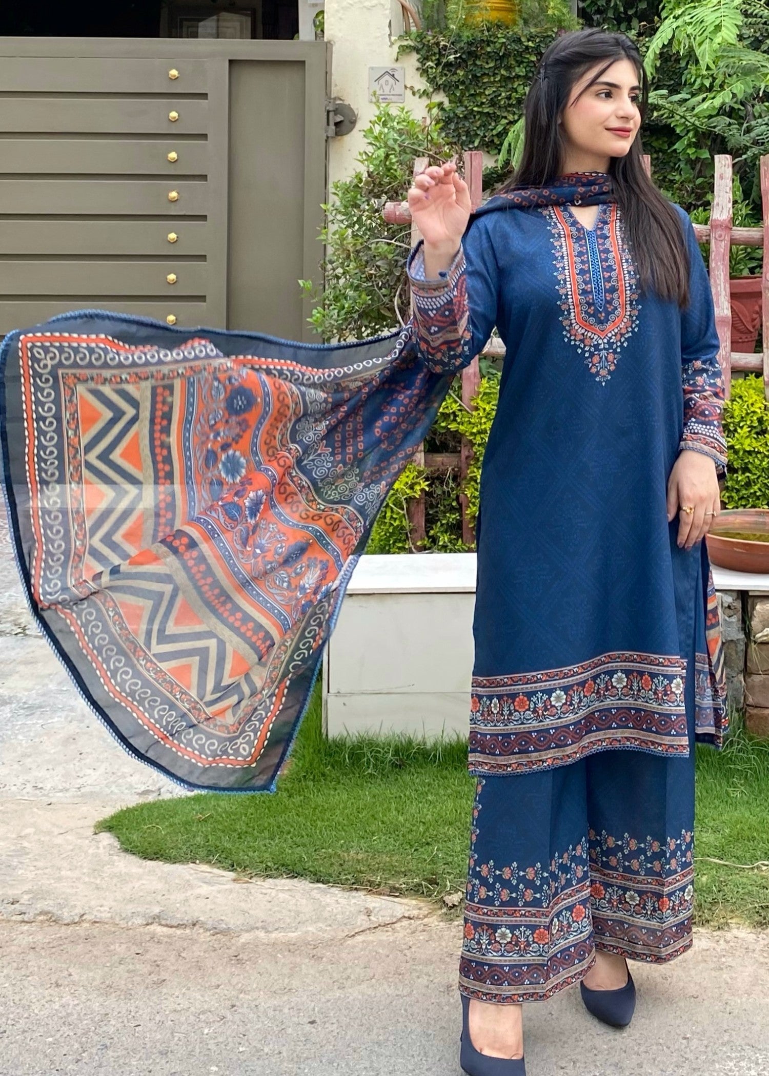 silk finish lawn Kurta Set in Blue