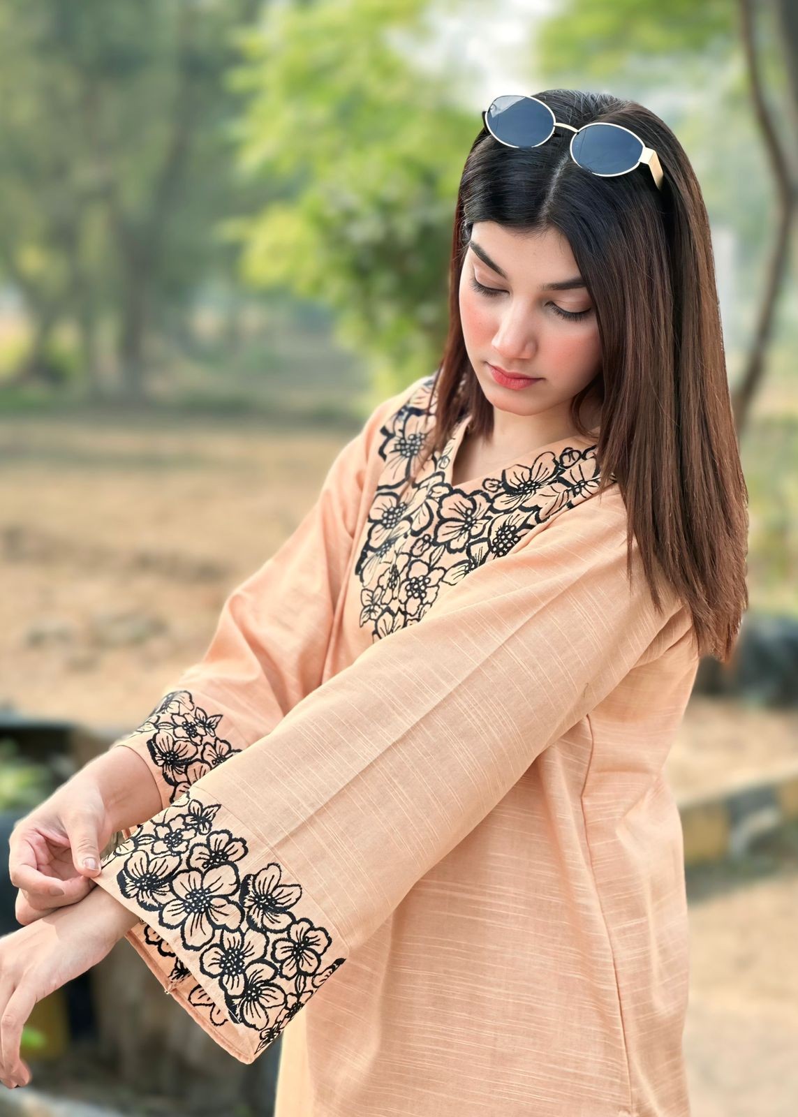 slub khaddar Kurta Set in Peach pink
