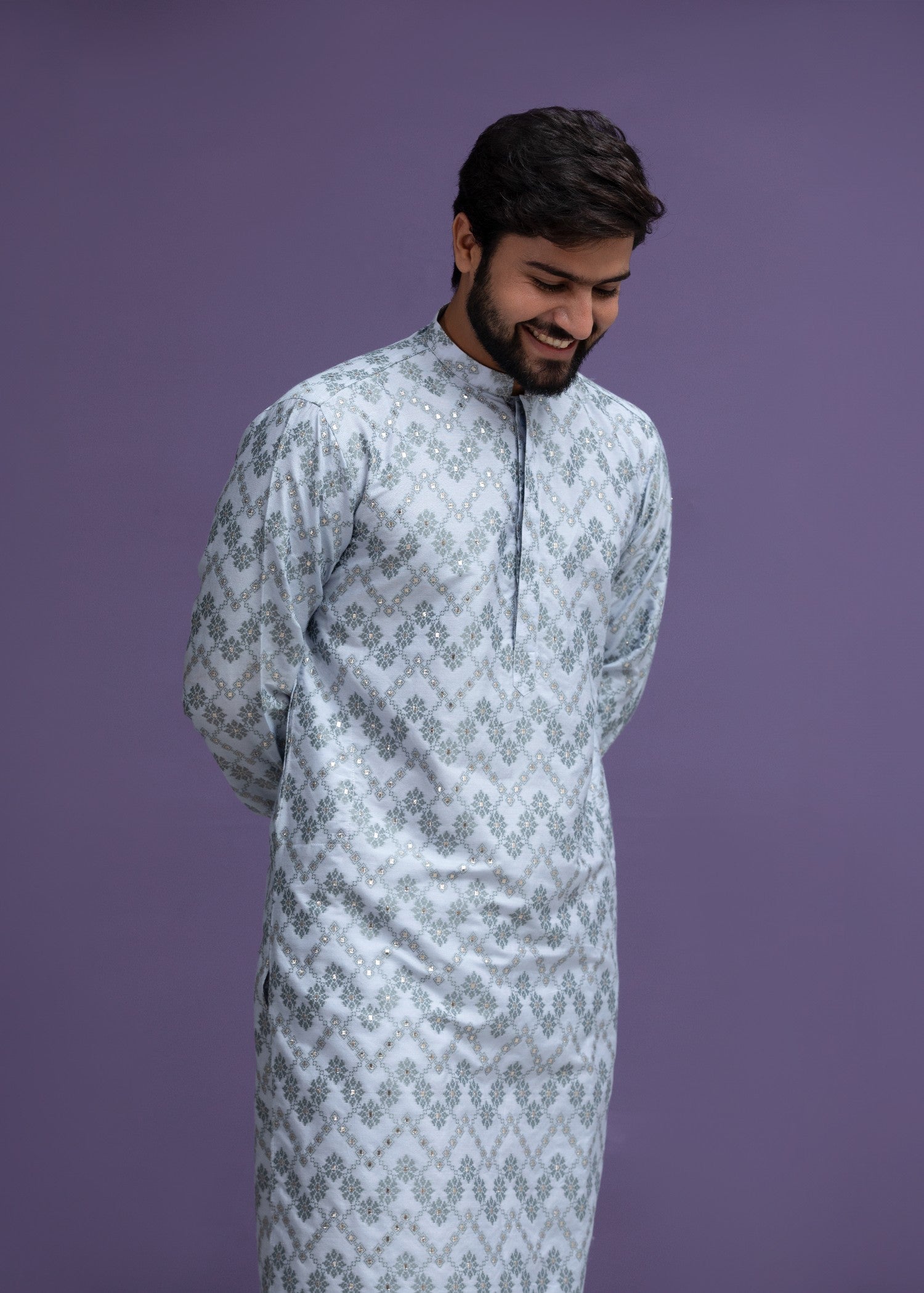 jacquard Kurta Set in Ice blue