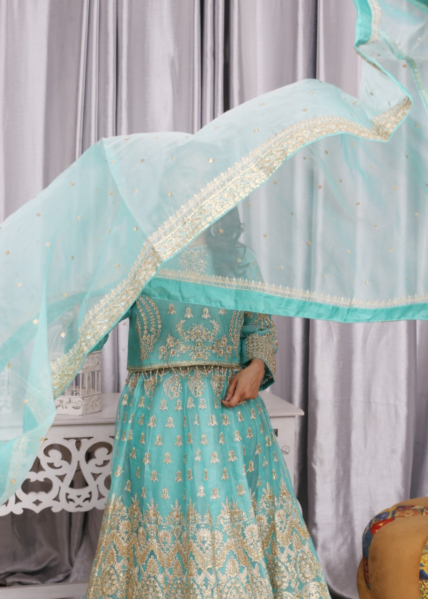 organza Lehenga in Aquamarine