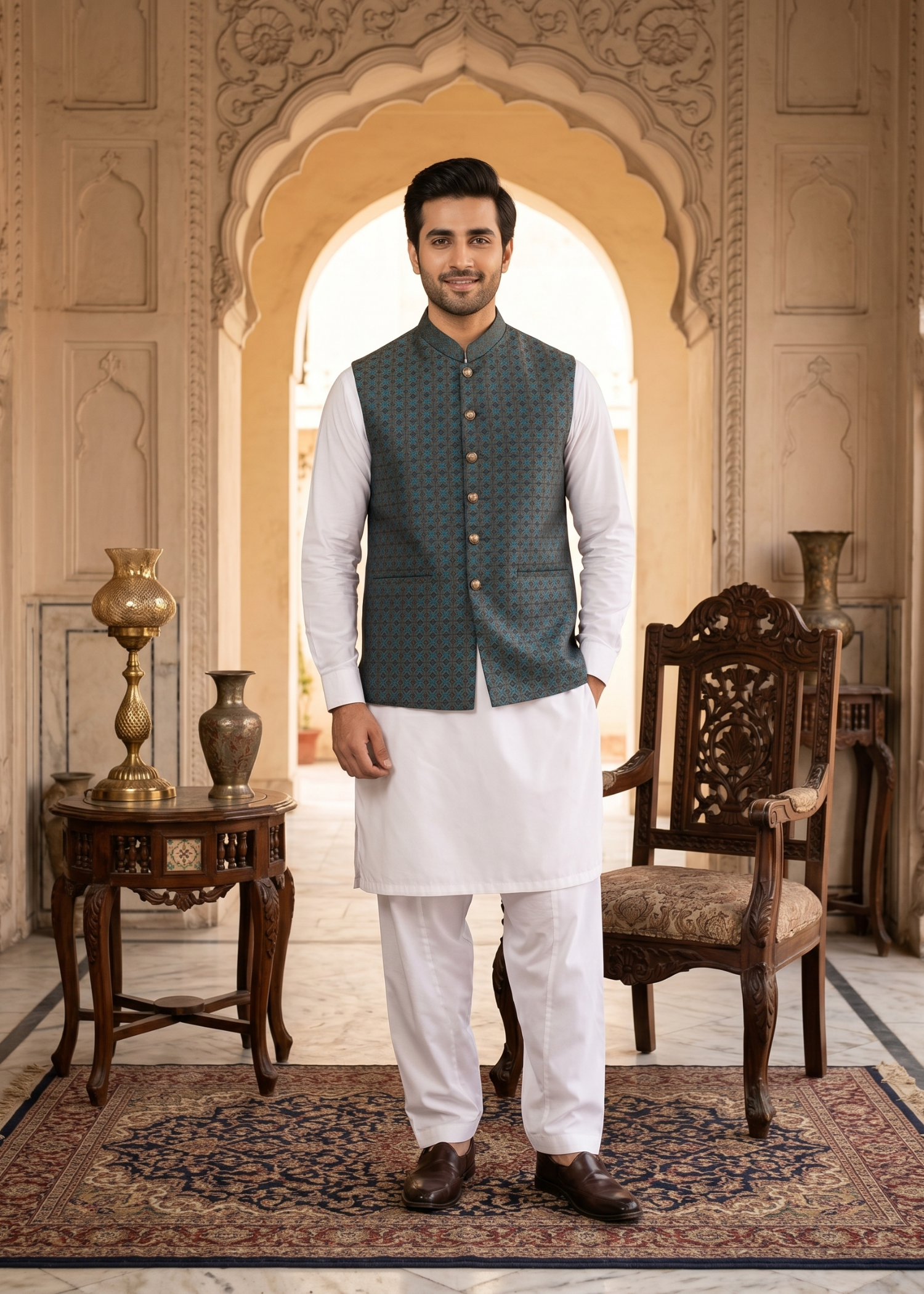 traditional jamawar Waistcoat in Brown, green