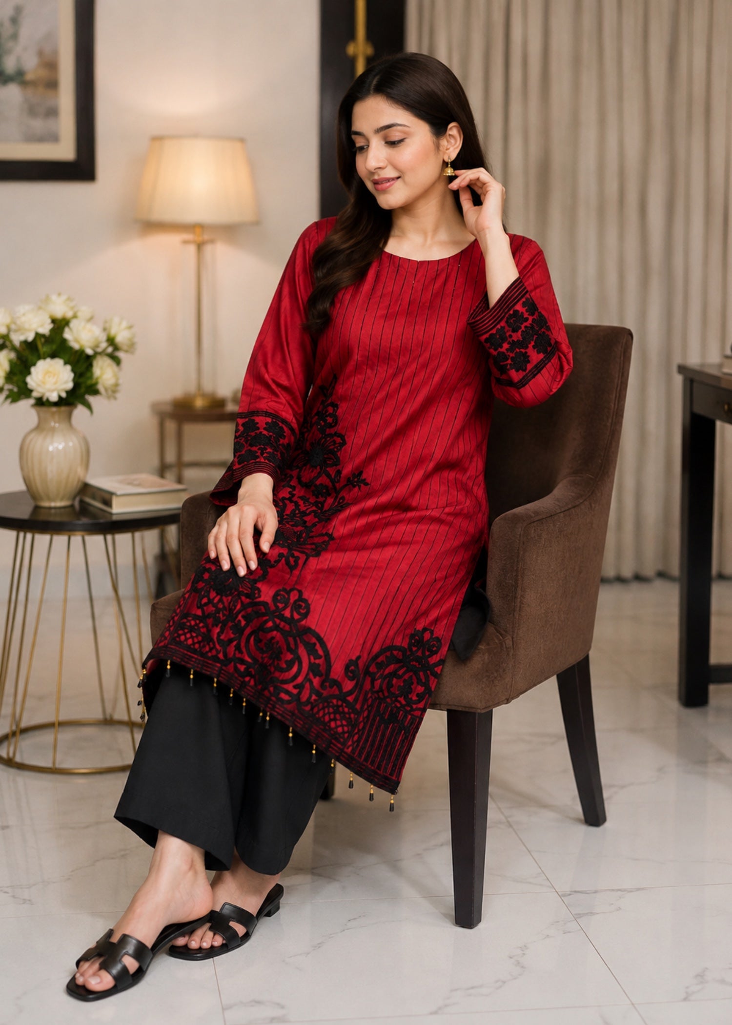satin silk Kurta Set in Black, crimson