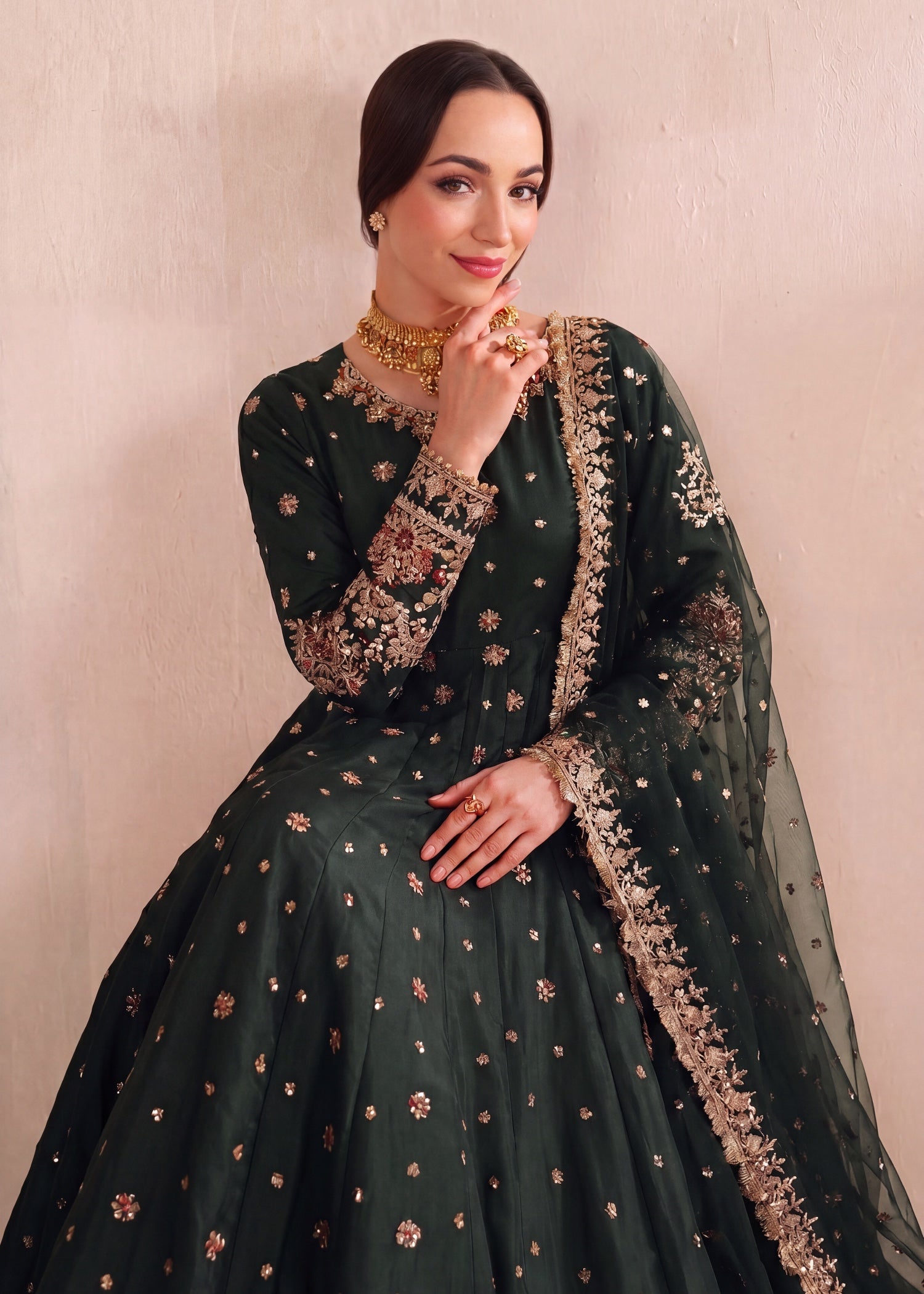 silk Pishwas in Dark green