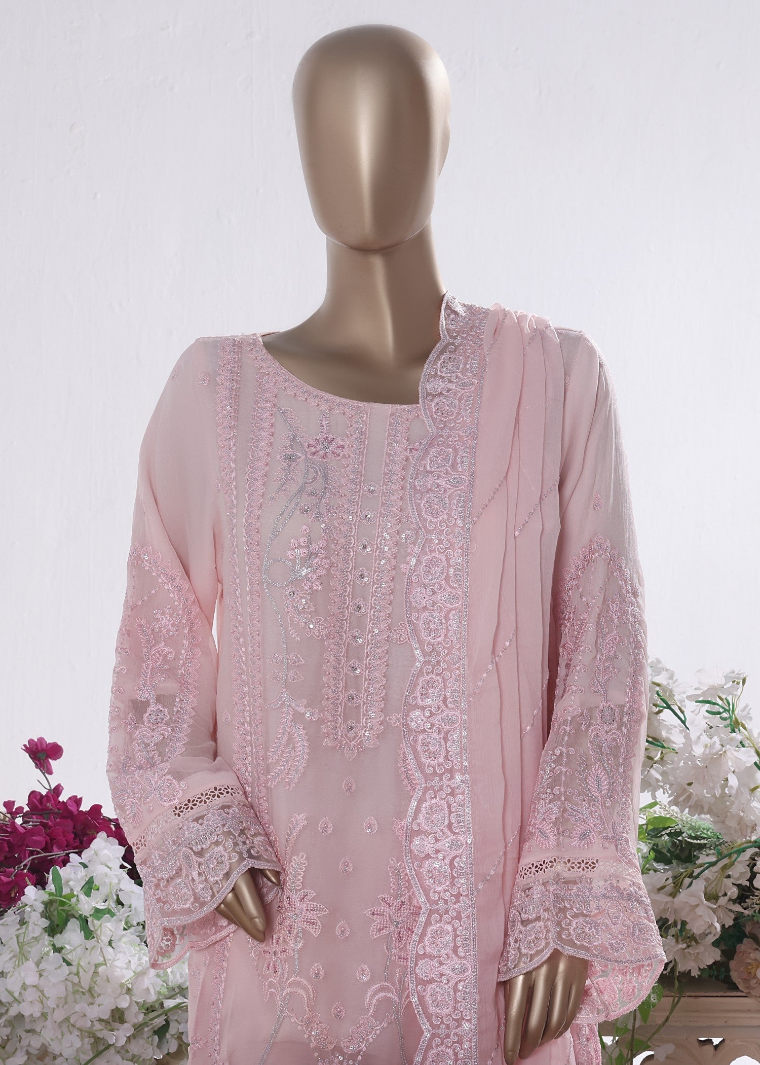 polyester chiffon Kurta Set in Peach pink