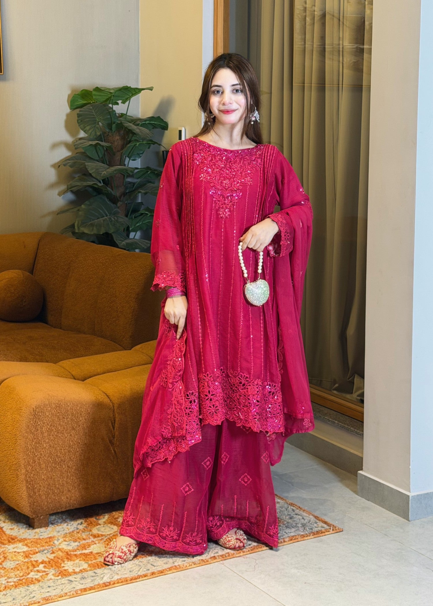 chiffon Short Frock in Hot pink