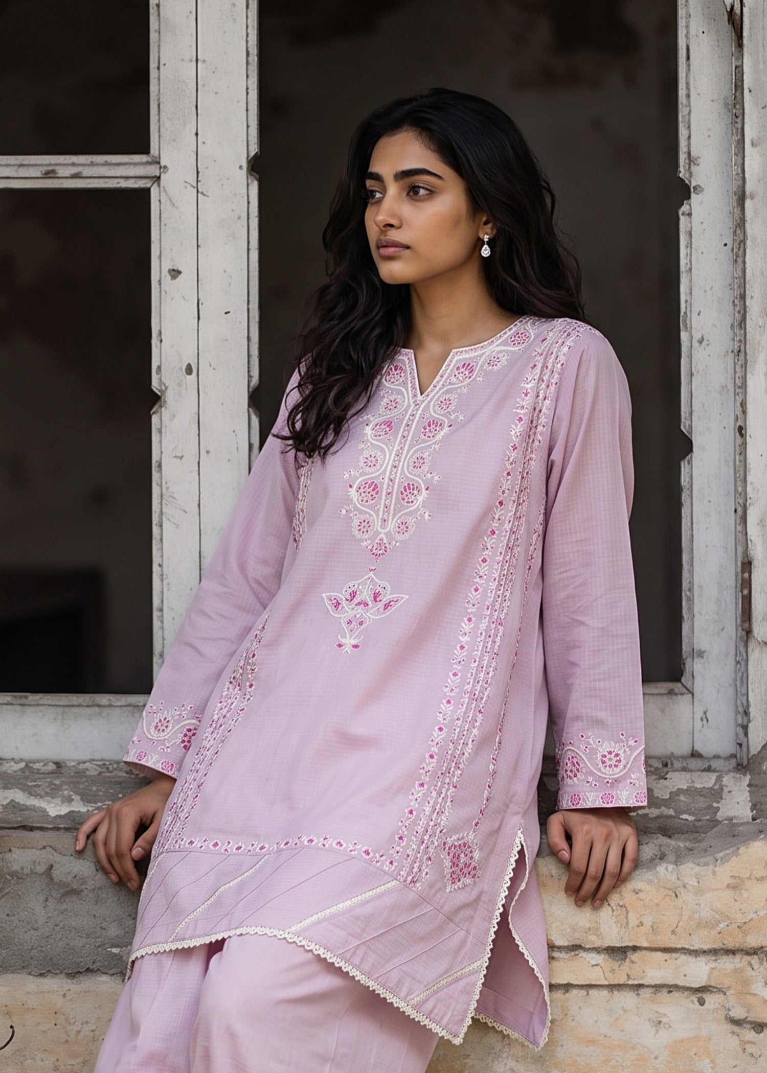 cotton Kurta Set in Tea rose pink