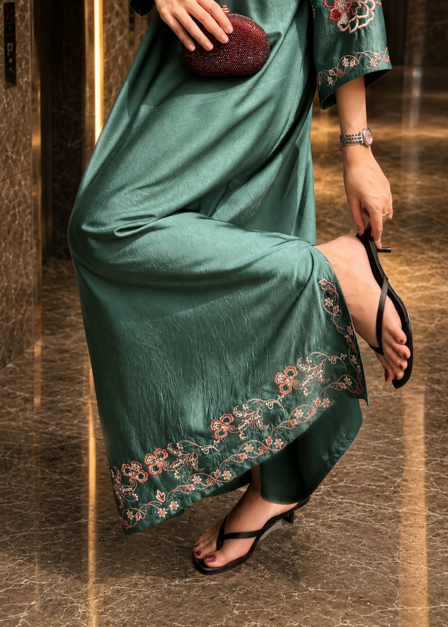 satin silk Kaftan in Emerald green
