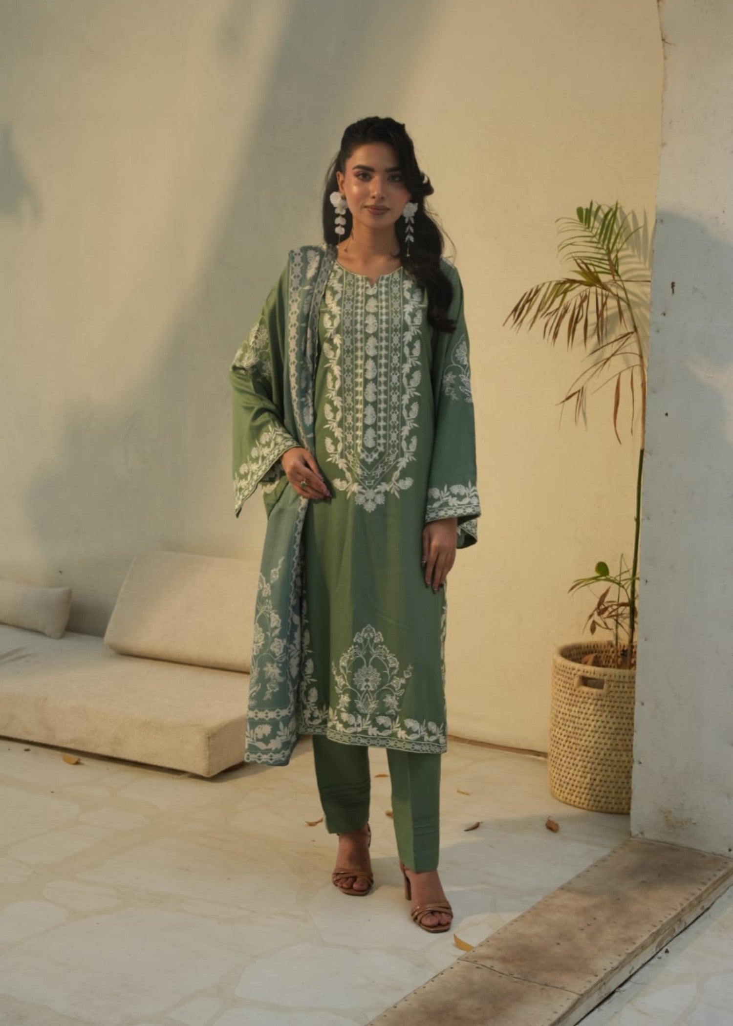 dhanak Kurta Set in Sage green