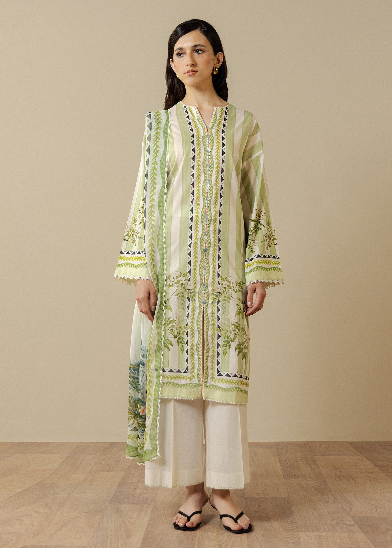 lawn Unstitched in Tea green, light yellow