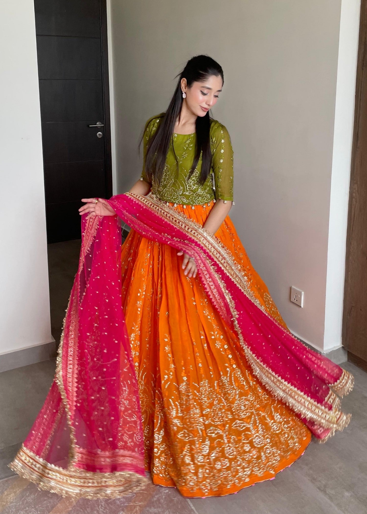 bemberg crinkle chiffon Lehenga in Hot pink, olive green, orange