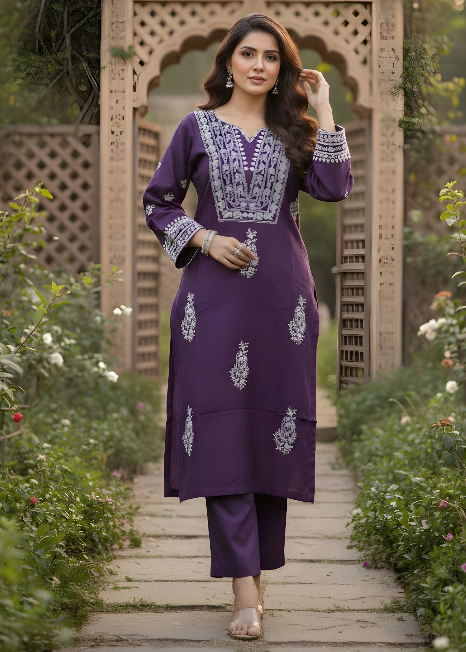 linen Kurta Set in Purple