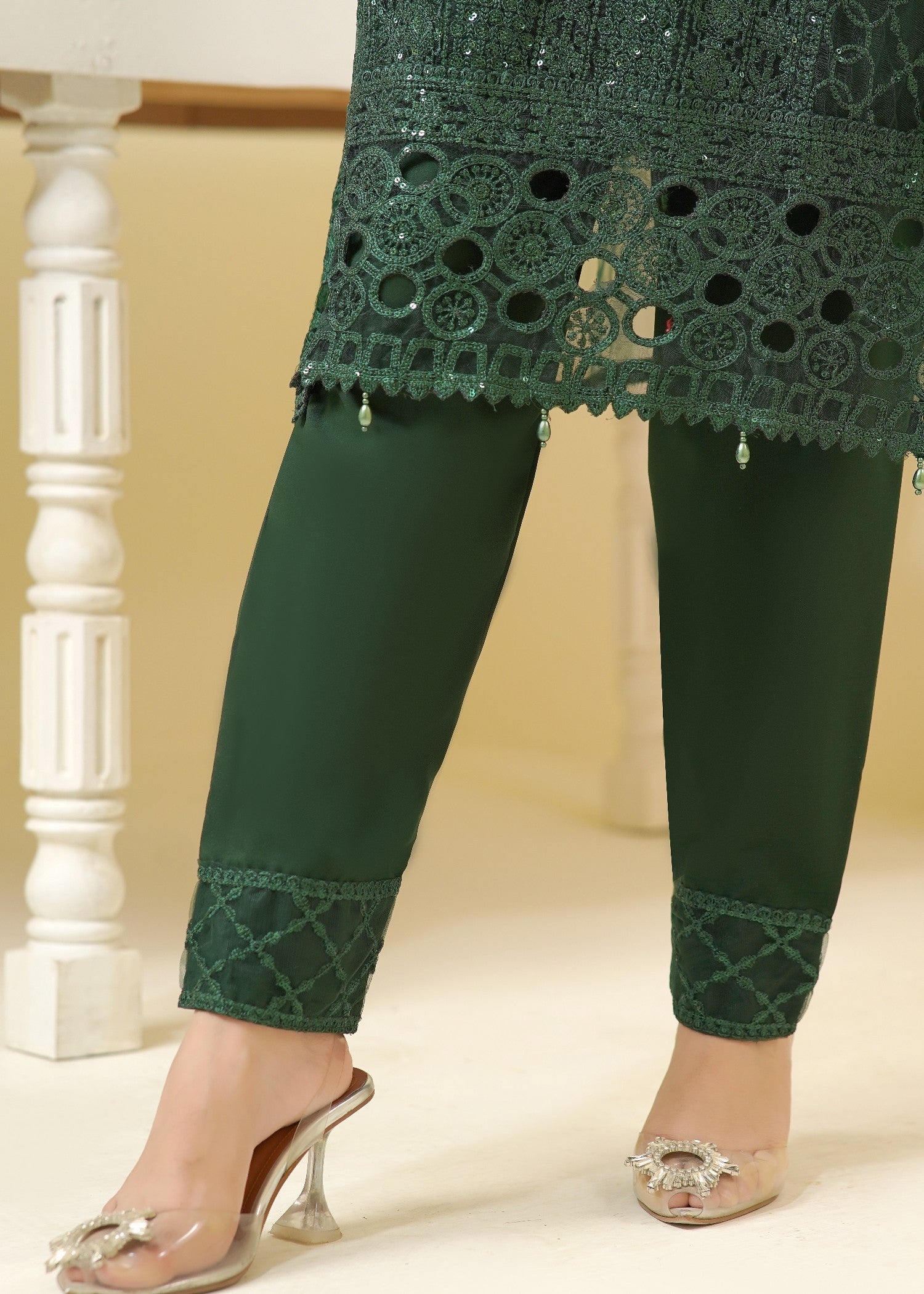 net Kurta Set in Green