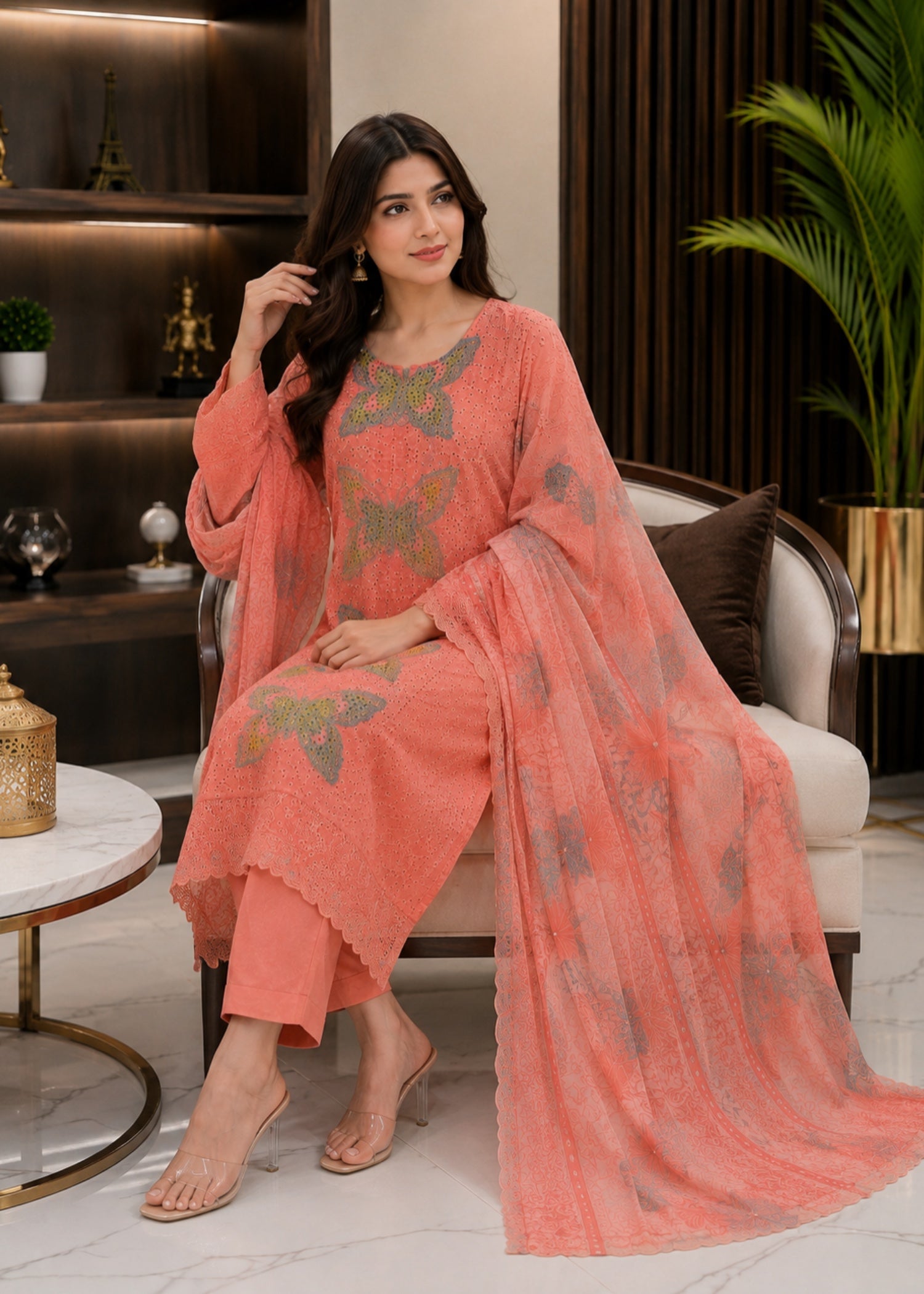 textured lawn Kurta Set in Coral orange