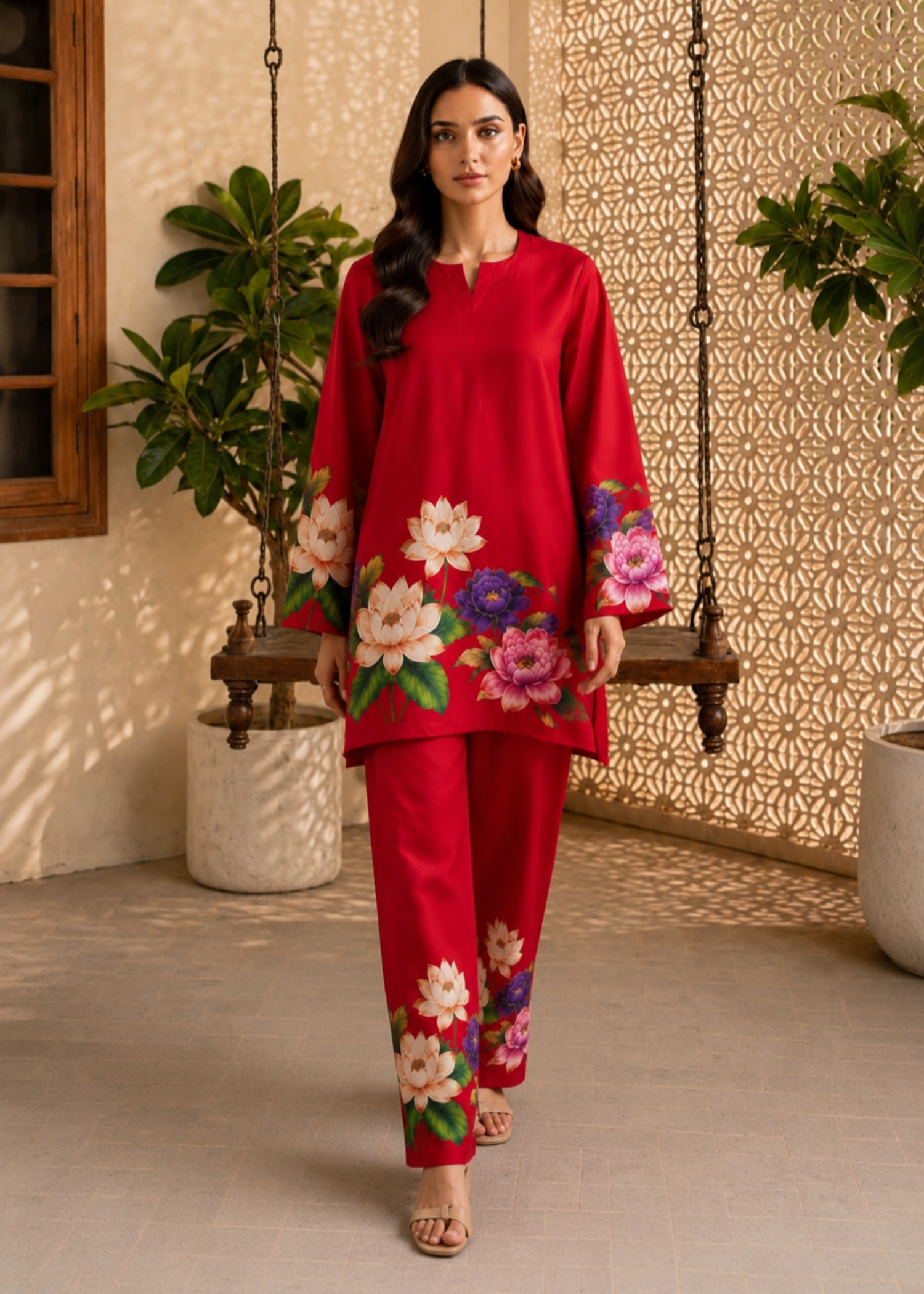 poly lawn Co Ord Sets in Red