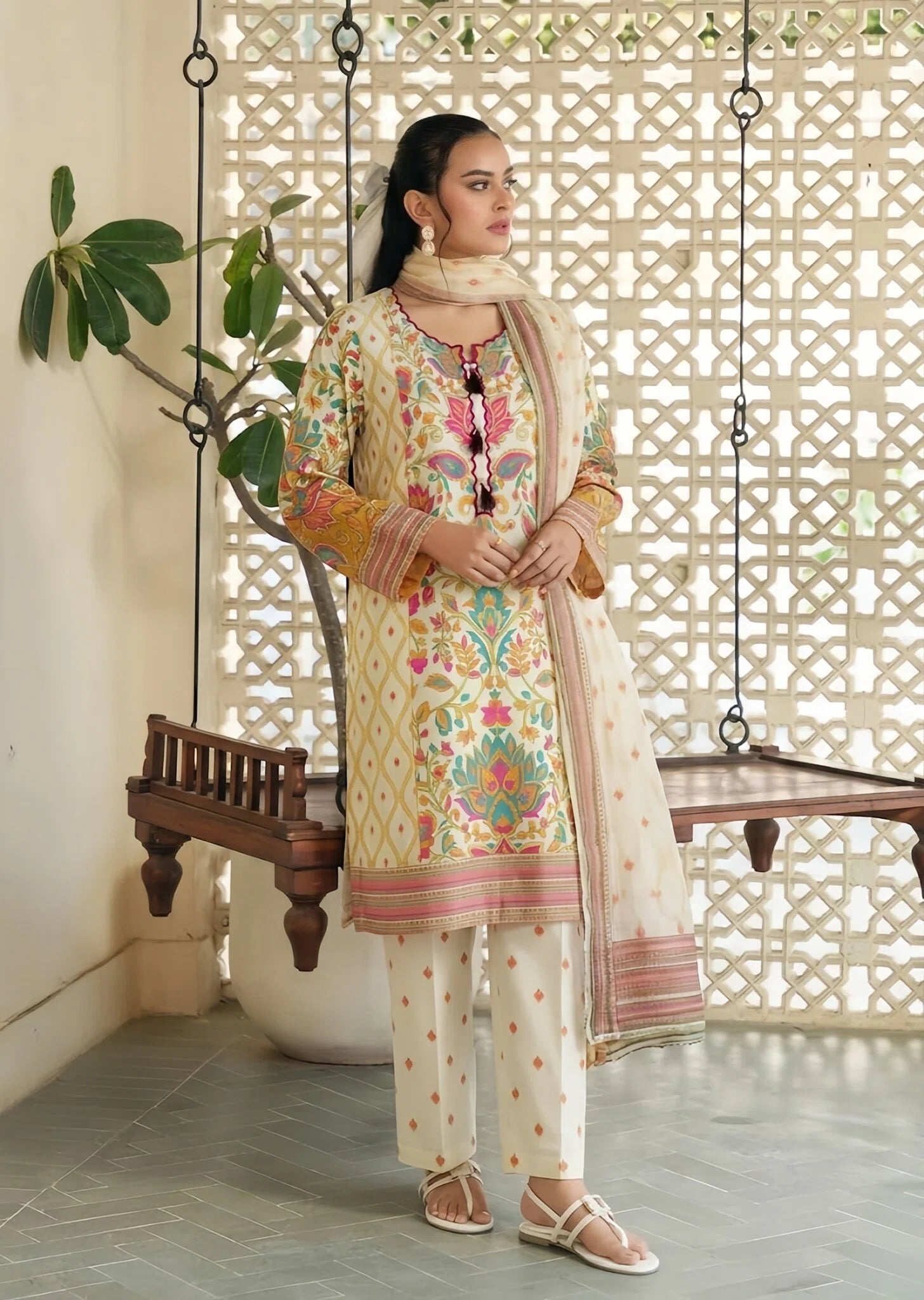 poly lawn Kurta Set in Ivory