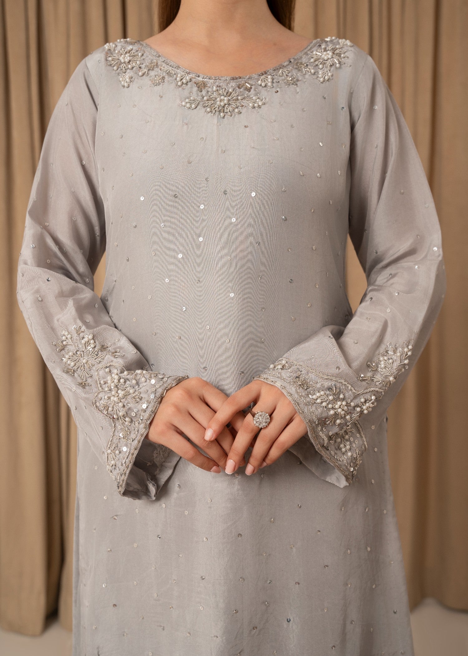 tussar silk Kurta Set in Silver