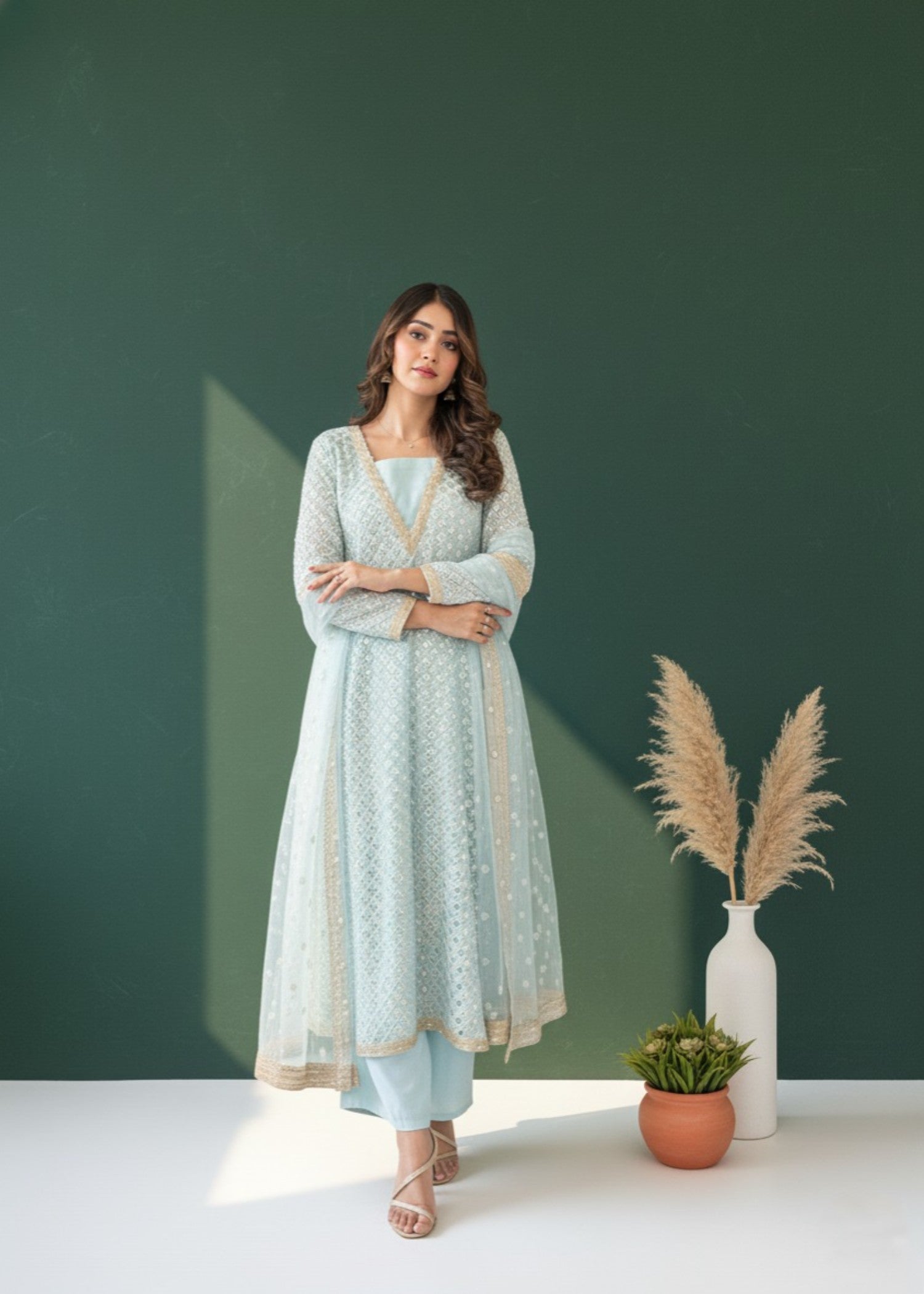 bemberg crinkle chiffon Kurta Set in Ice blue