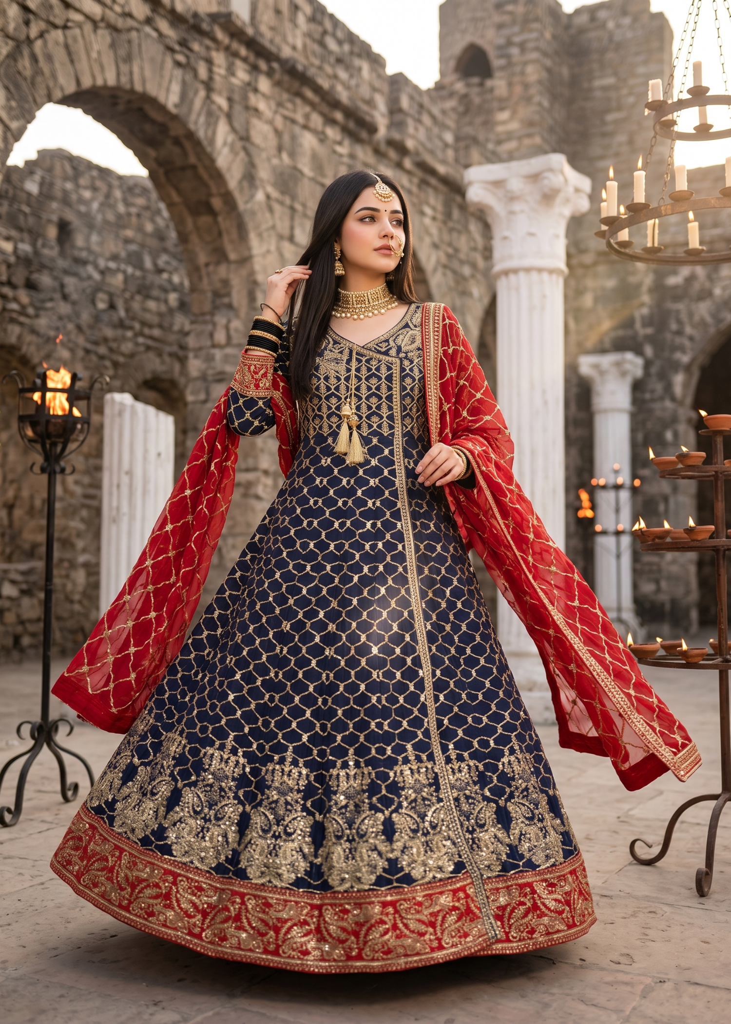 chiffon Angrakha in Navy blue, red
