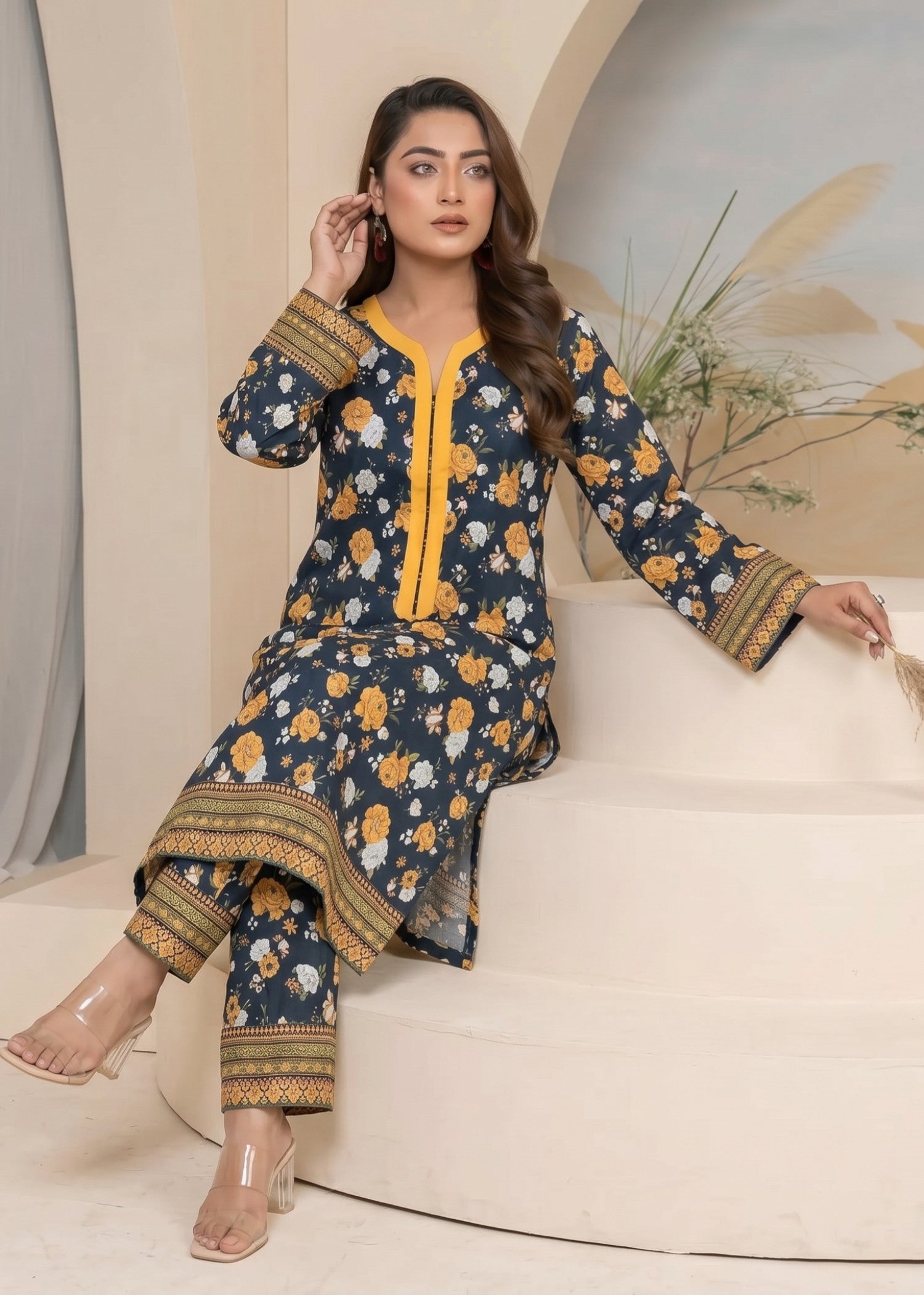 lawn Kurta Set in Prussian blue, banana