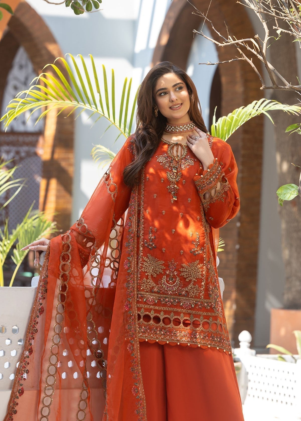 organza Kurta Set in Rust orange