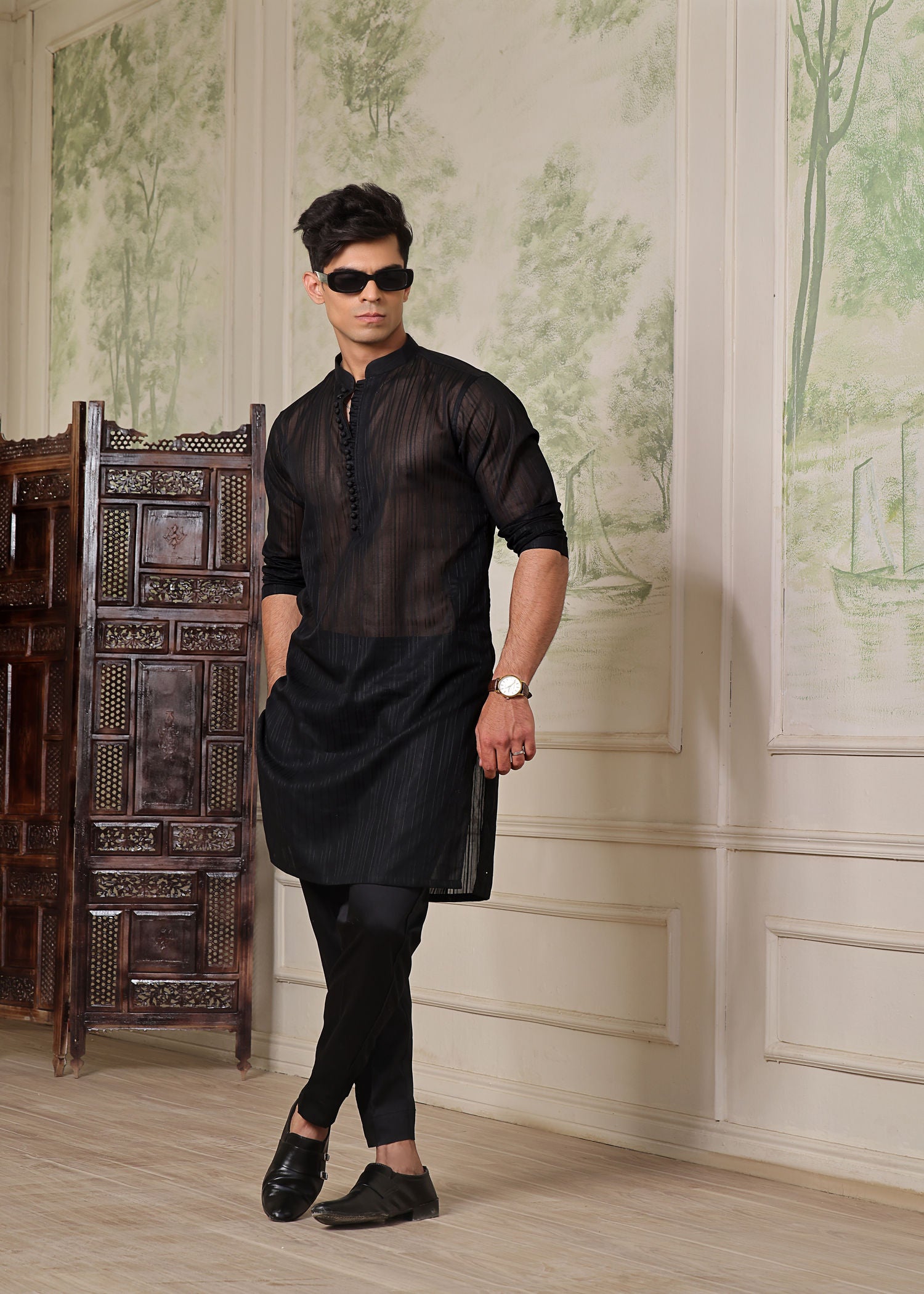 self jacquard Kurta in Black
