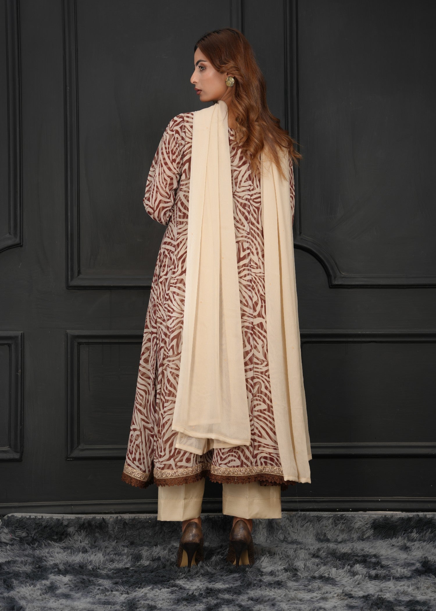 georgette Anarkali in Maroon, camel brown