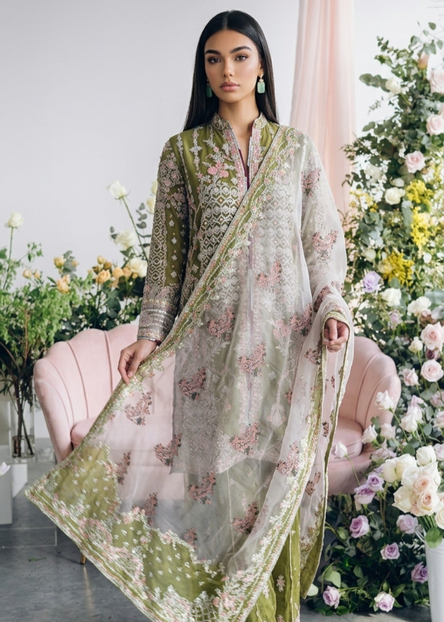 net Sharara in Avocado green