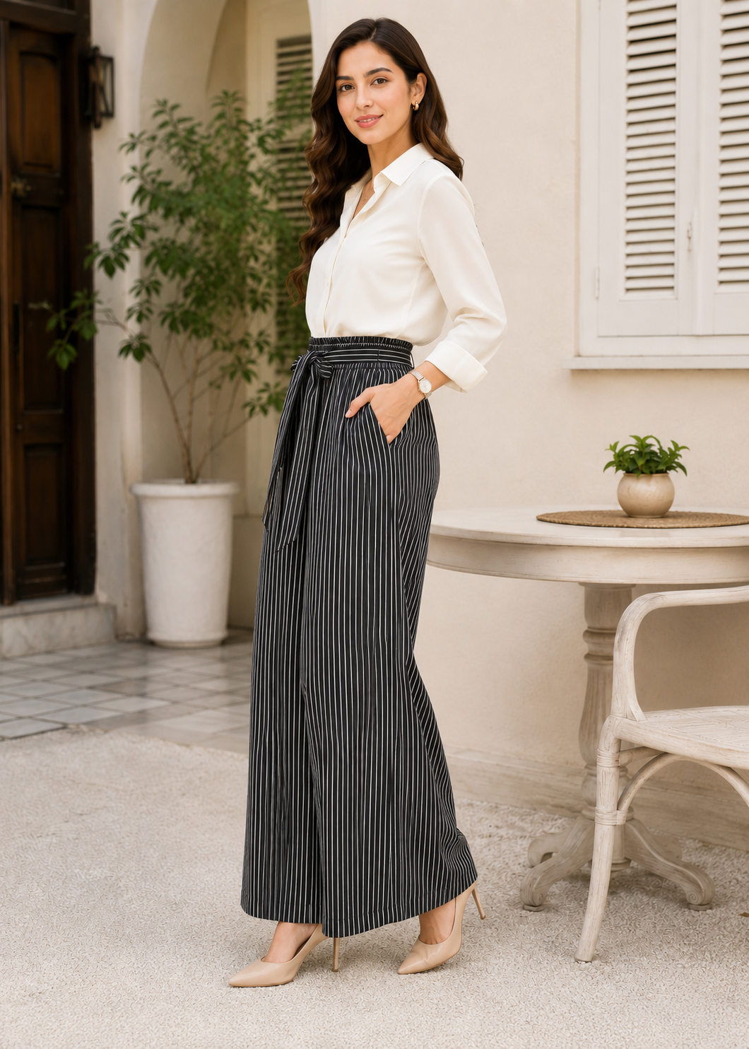 polyester Trousers in Black, warm grey
