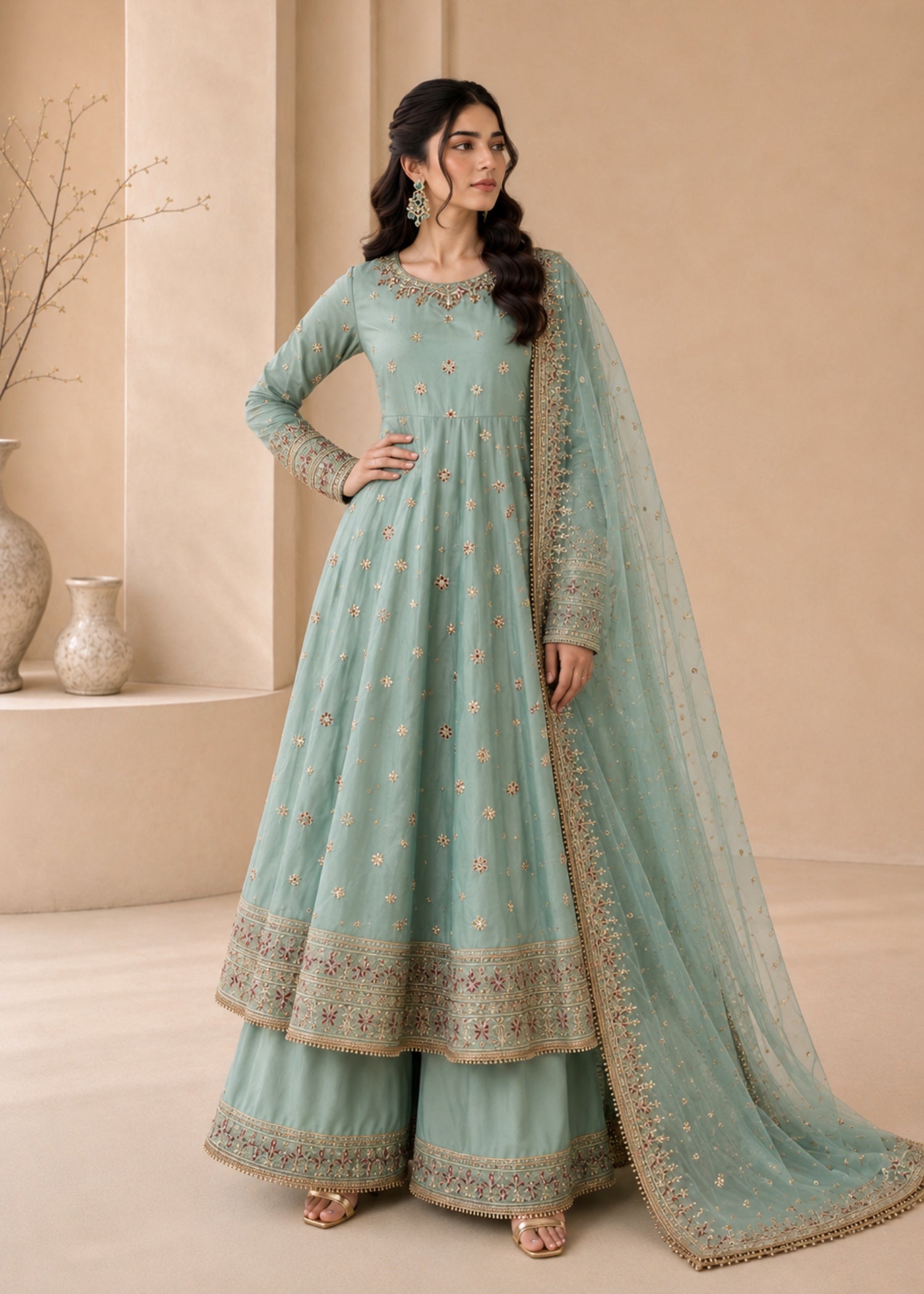 silk Pishwas in Aquamarine