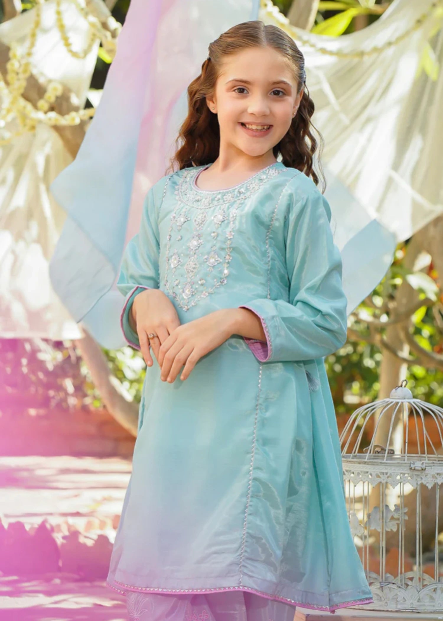 cotton silk Short Frock in Sky blue