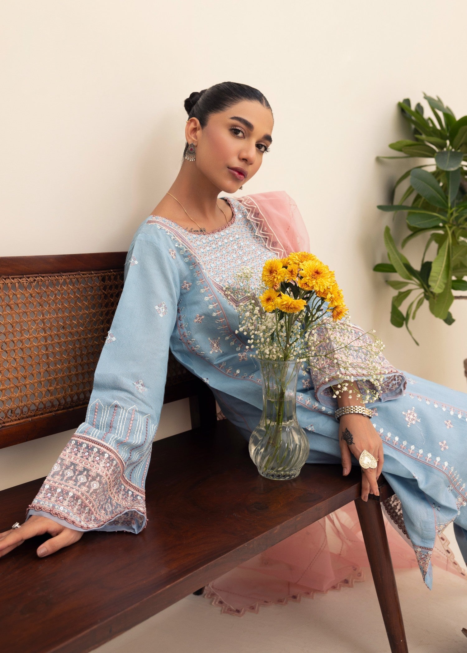 chambray Kurta Set in Light blue