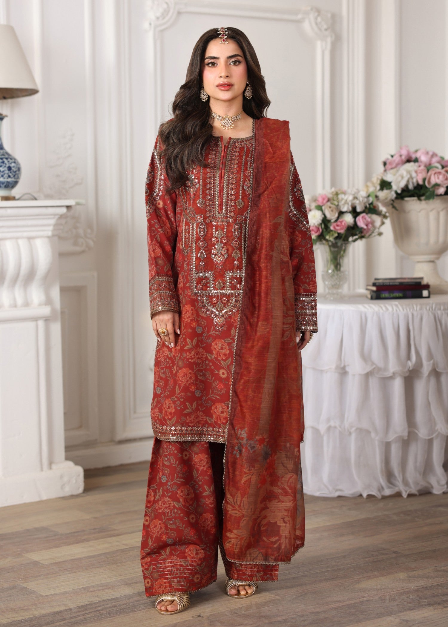 poly lawn Kurta Set in Rustic brown