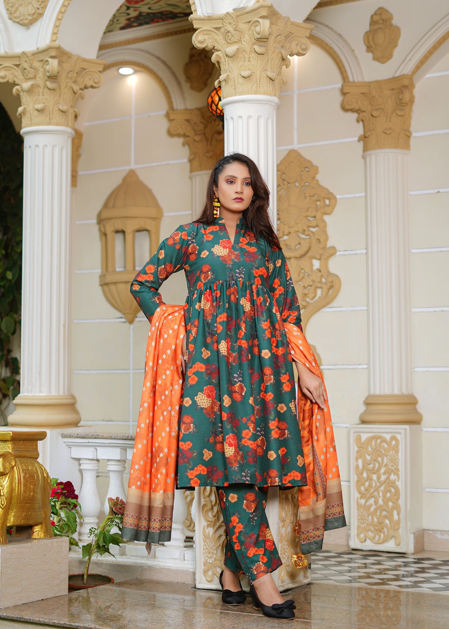 slub khaddar Short Frock in Pumpkin orange, pine green