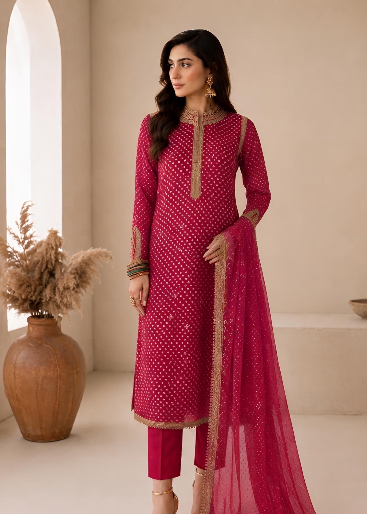 swiss lawn Kurta Set in Hot pink